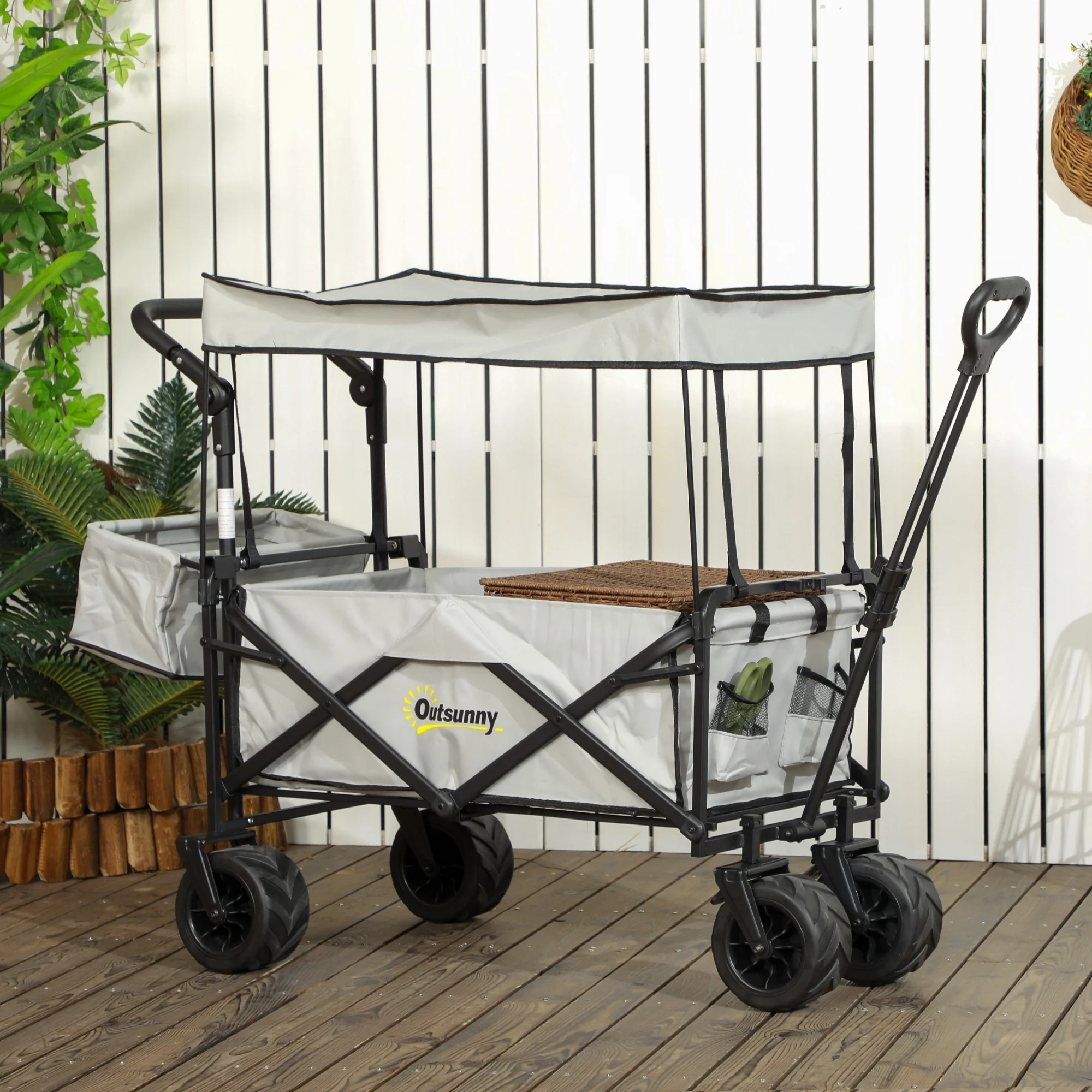 Outsunny Outdoor Push Pull Wagon Stroller Cart W/ Canopy Top Grey - Image 2