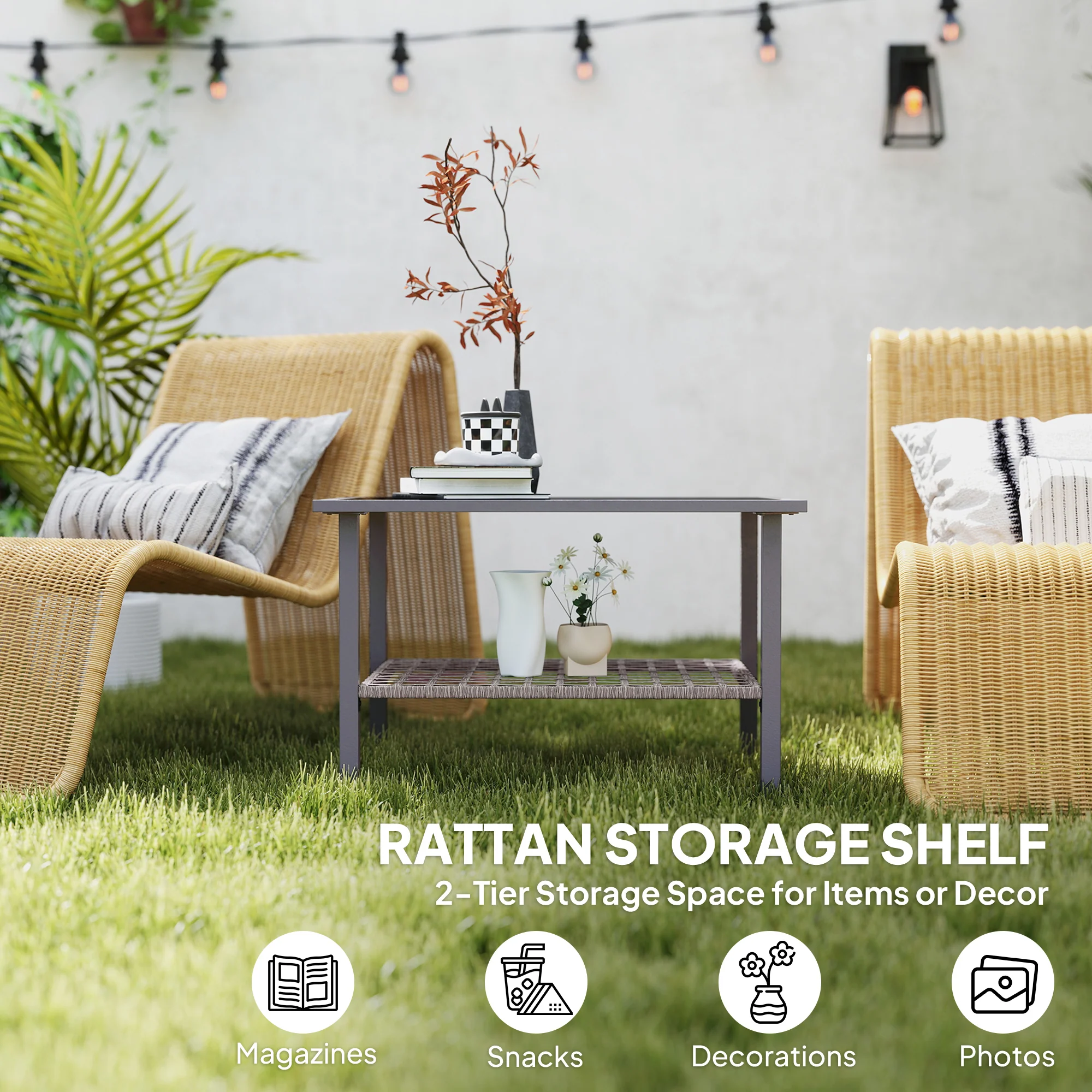 Outsunny Outdoor Rattan Coffee Table, Rectangular Tea Side Table, Mixed-grey - Image 4