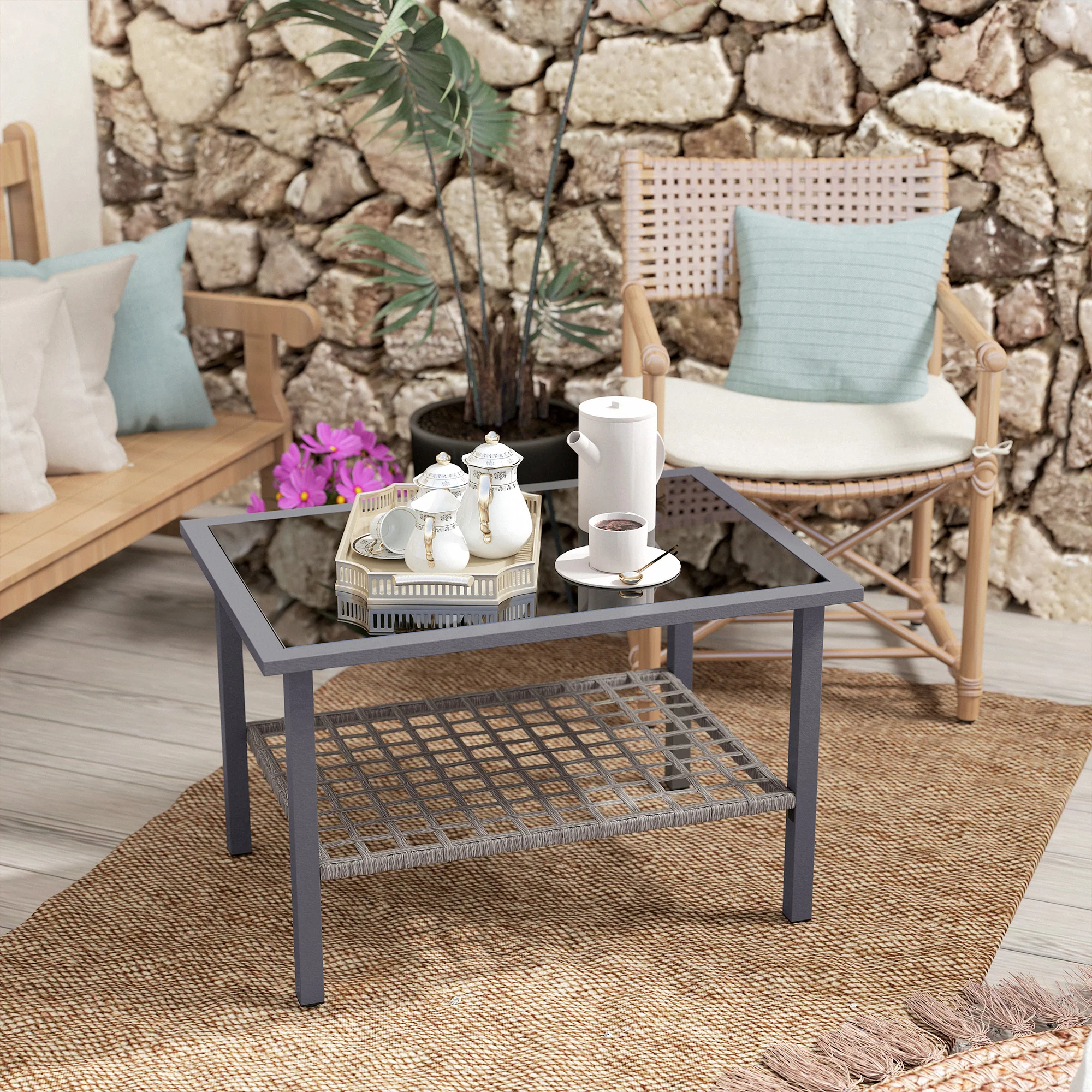 Outsunny Outdoor Rattan Coffee Table, Rectangular Tea Side Table, Mixed-grey - Image 8