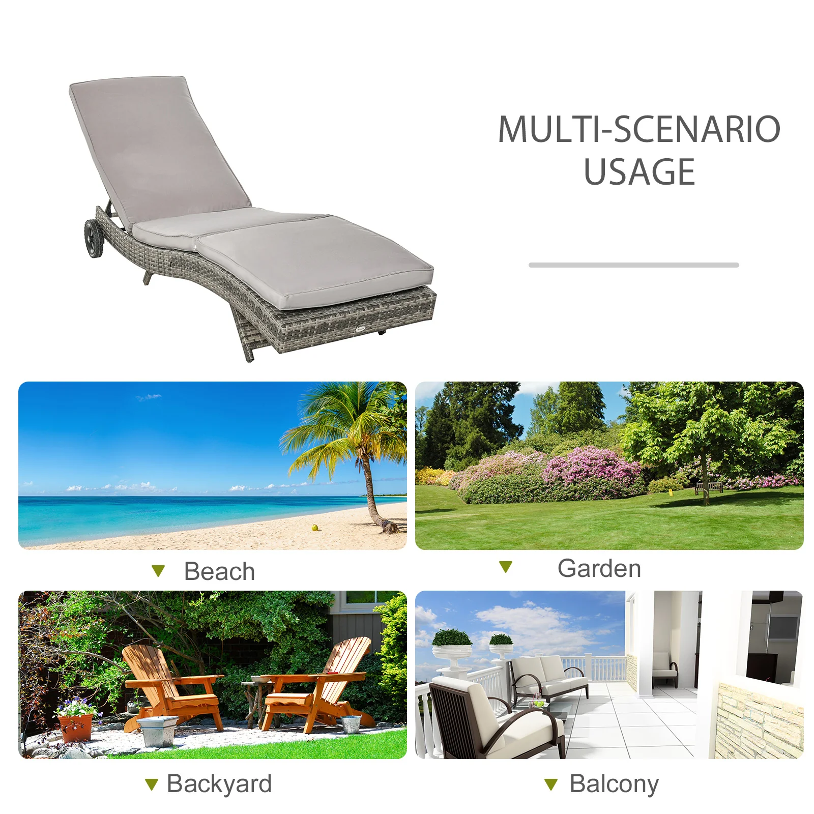 Outsunny Outdoor Rattan Sun Lounger With Reclining Back, Wheels - Image 13