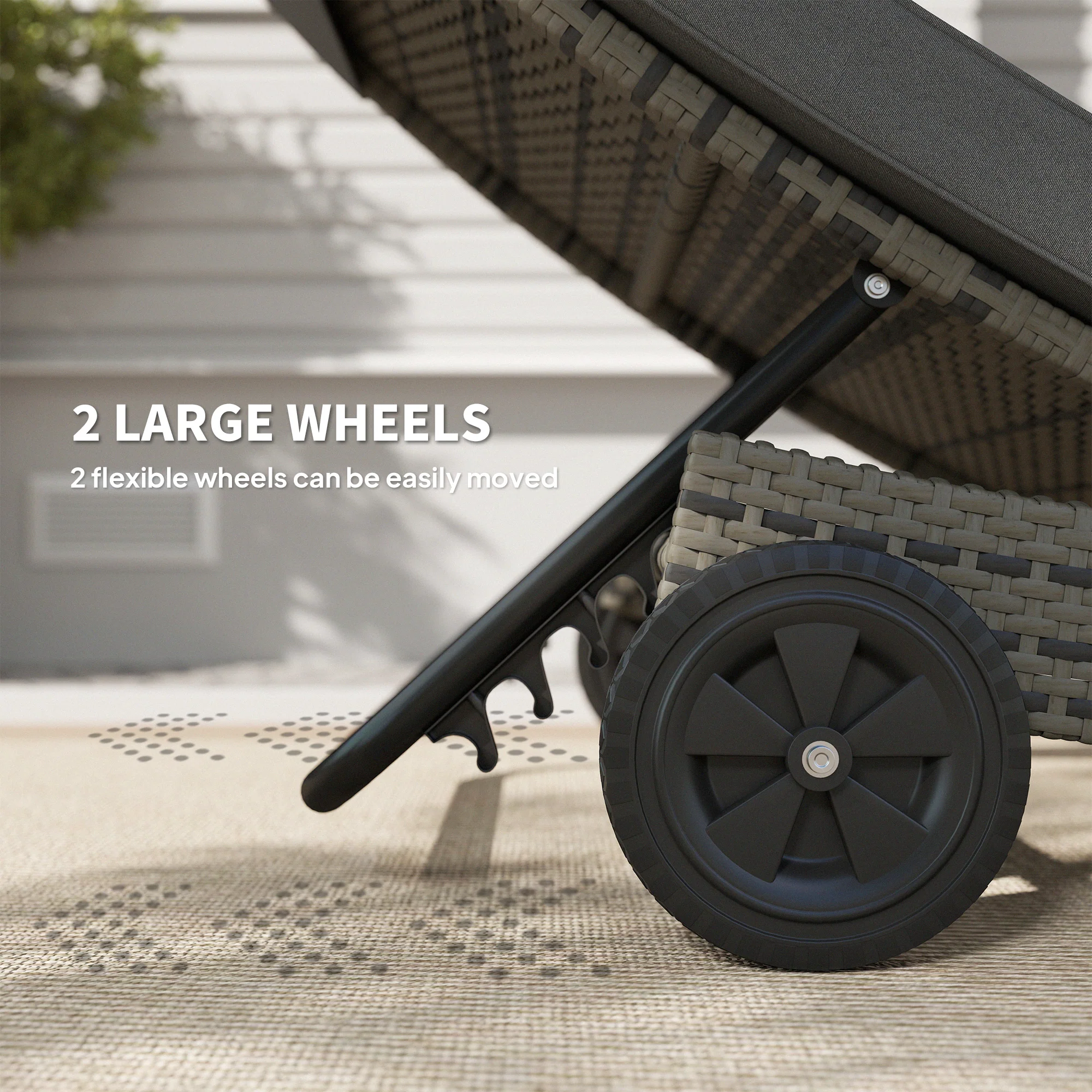 Outsunny Outdoor Rattan Sun Lounger With Reclining Back, Wheels - Image 3
