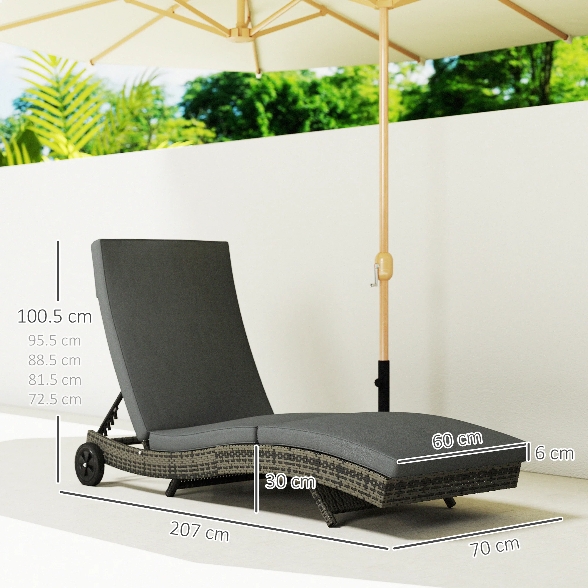 Outsunny Outdoor Rattan Sun Lounger With Reclining Back, Wheels - Image 5