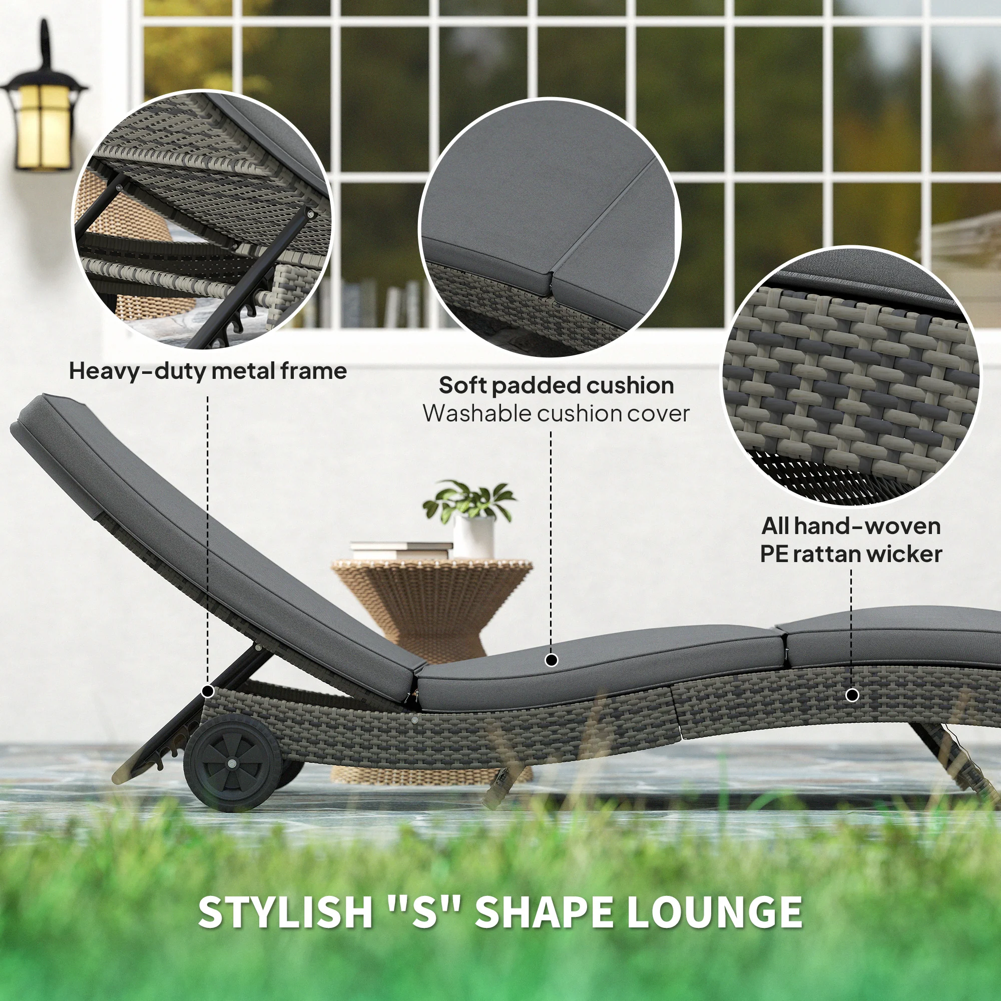 Outsunny Outdoor Rattan Sun Lounger With Reclining Back, Wheels - Image 6