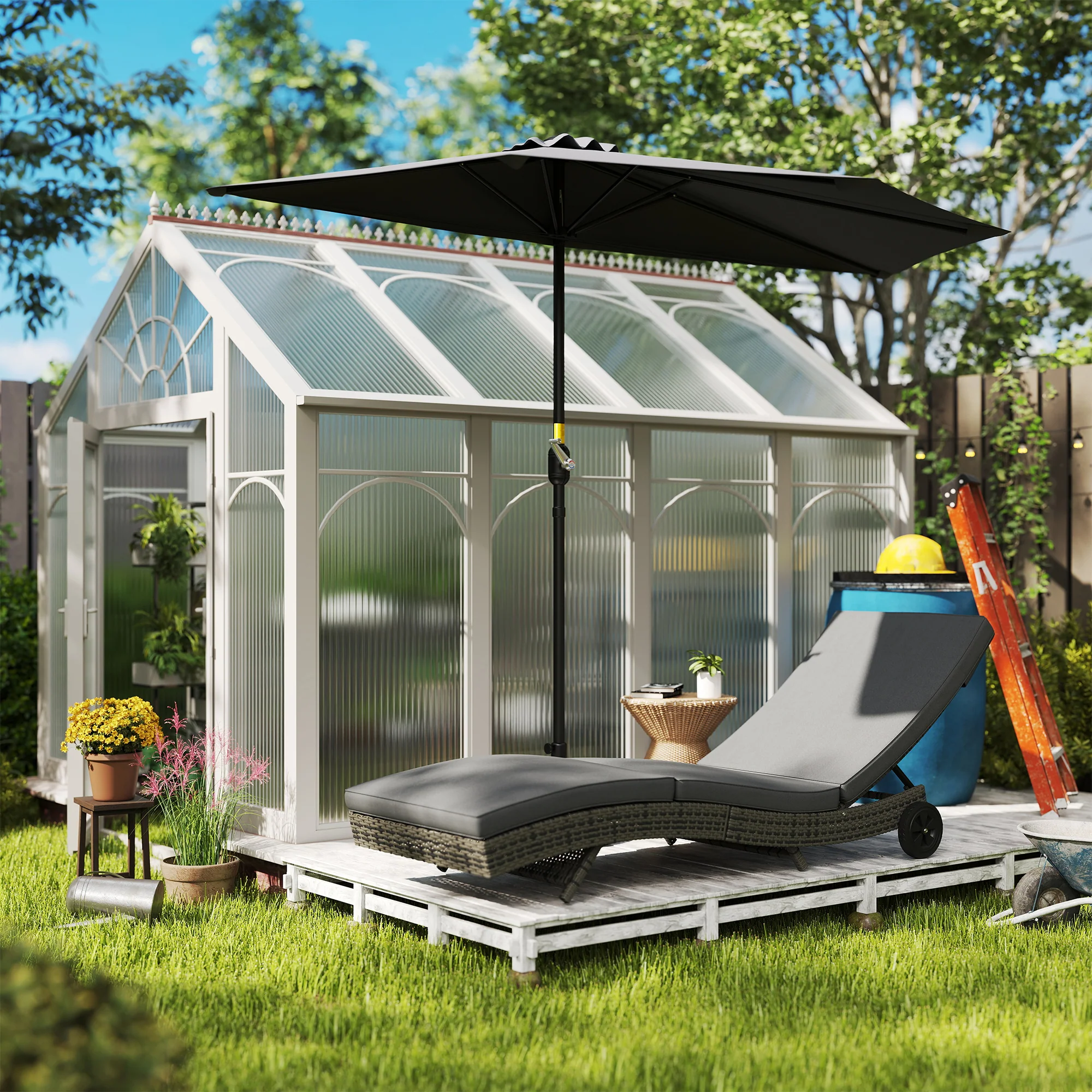 Outsunny Outdoor Rattan Sun Lounger With Reclining Back, Wheels - Image 8