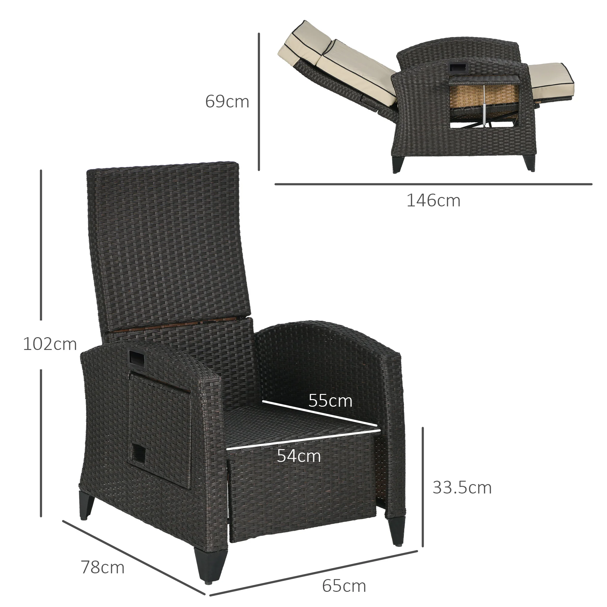 Outsunny Outdoor Recliner Chair W/ Cushion Rattan Reclining Lounge Chair - Image 14
