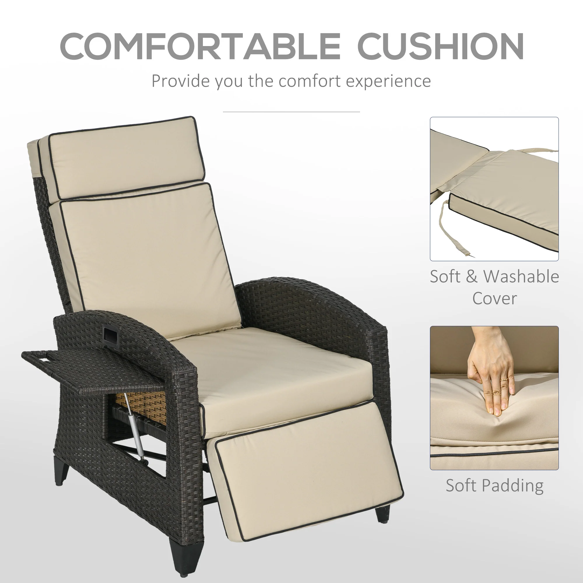 Outsunny Outdoor Recliner Chair W/ Cushion Rattan Reclining Lounge Chair - Image 16