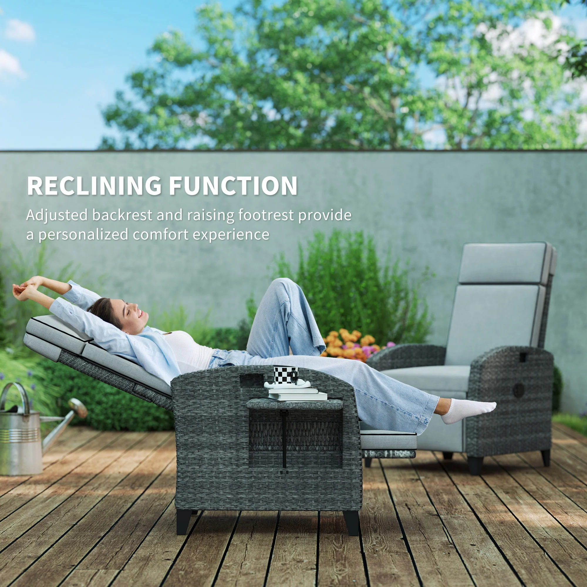 Outsunny Outdoor Recliner Chair w/ Cushion Rattan Reclining Lounge Chair, Grey - Image 3