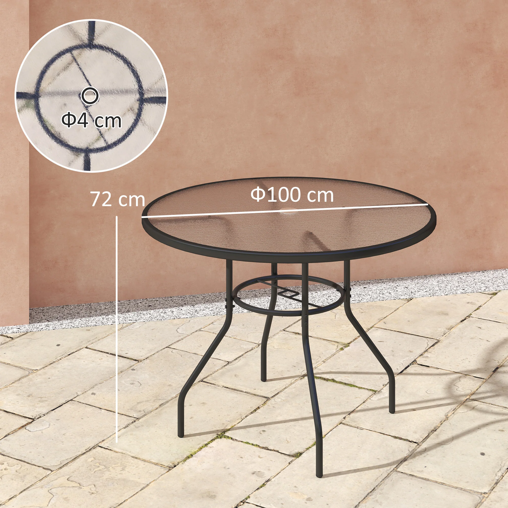 Outsunny Outdoor Round Dining Table Tempered Glass Top w/ Parasol Hole 100cm - Image 5