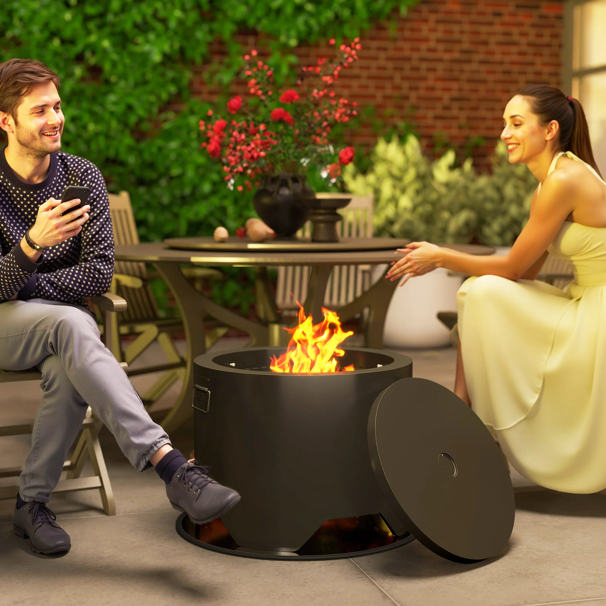 Outsunny Outdoor Round Fire Pit With Lid, Firepit With Fire Poker, Black - Image 6