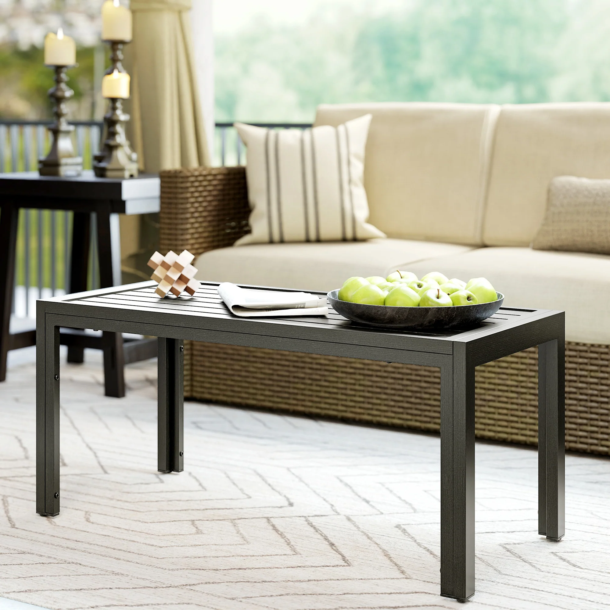 Outsunny Outdoor Side Table Garden Table with Steel Frame and Slat Top Grey Wood - Image 7