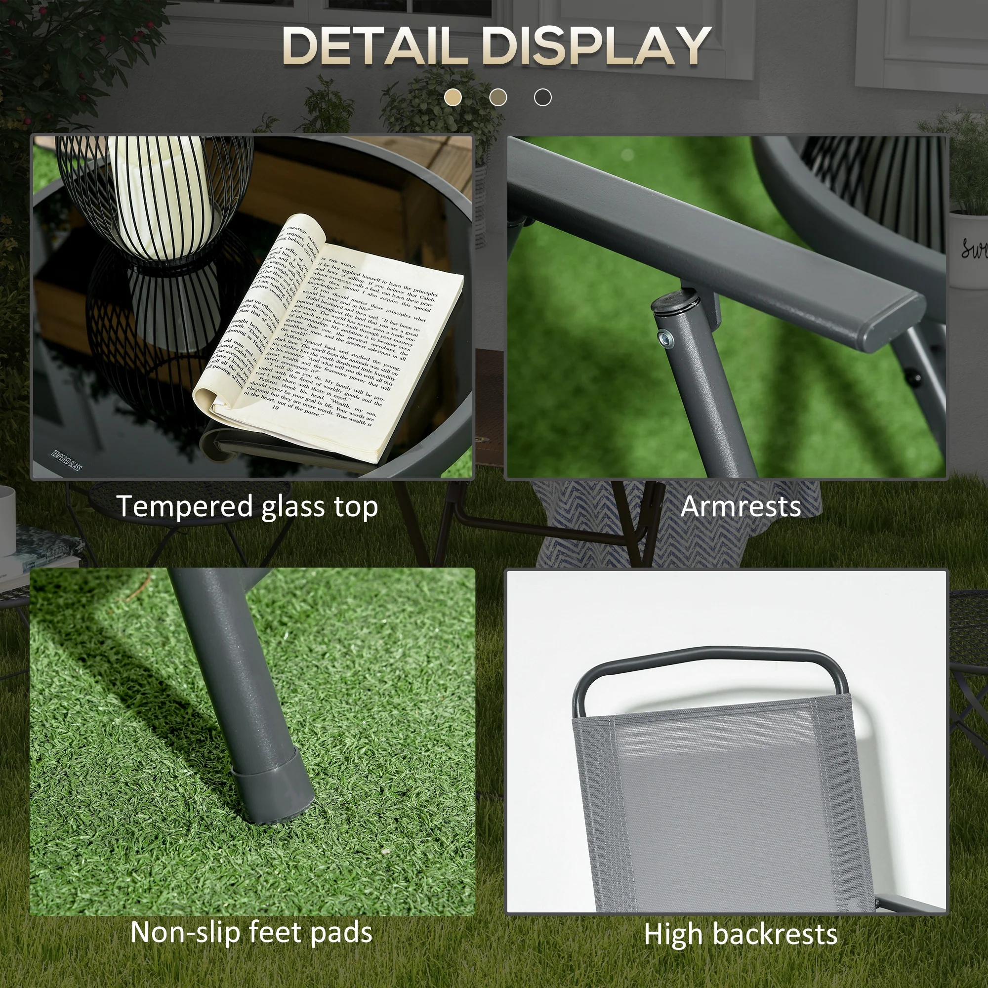 Outsunny Patio Bistro Set Folding Chairs & Coffee Table For Balcony,Grey - Image 7