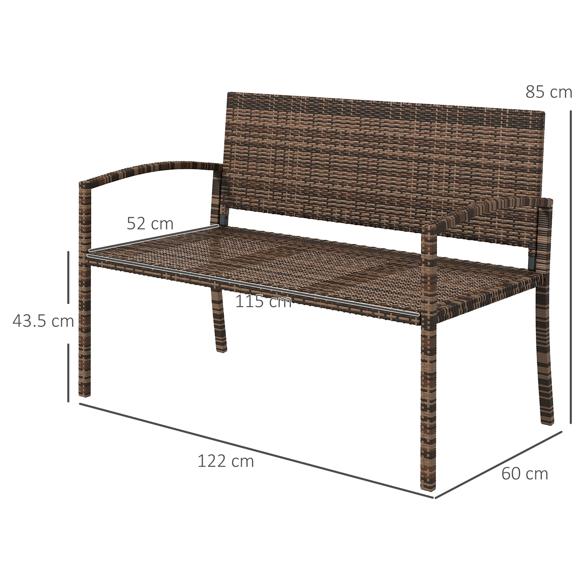 Outsunny Patio Rattan 2 Seater Garden Bench Love Seat Garden Armchair Brown - Image 3