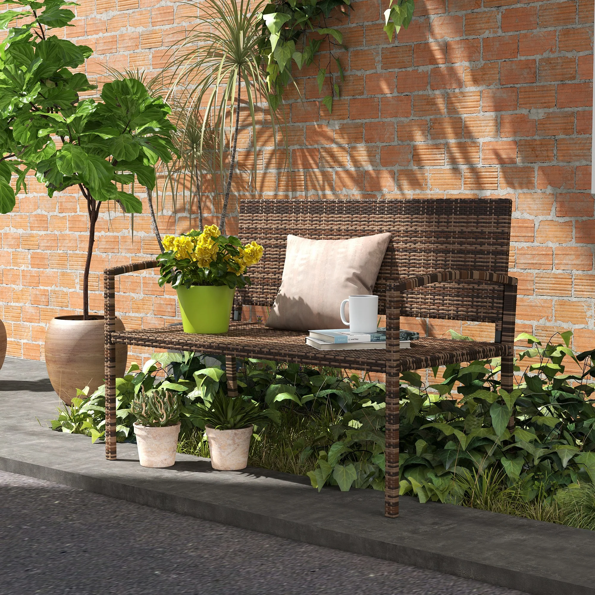 Outsunny Patio Rattan 2 Seater Garden Bench Love Seat Garden Armchair Brown - Image 9