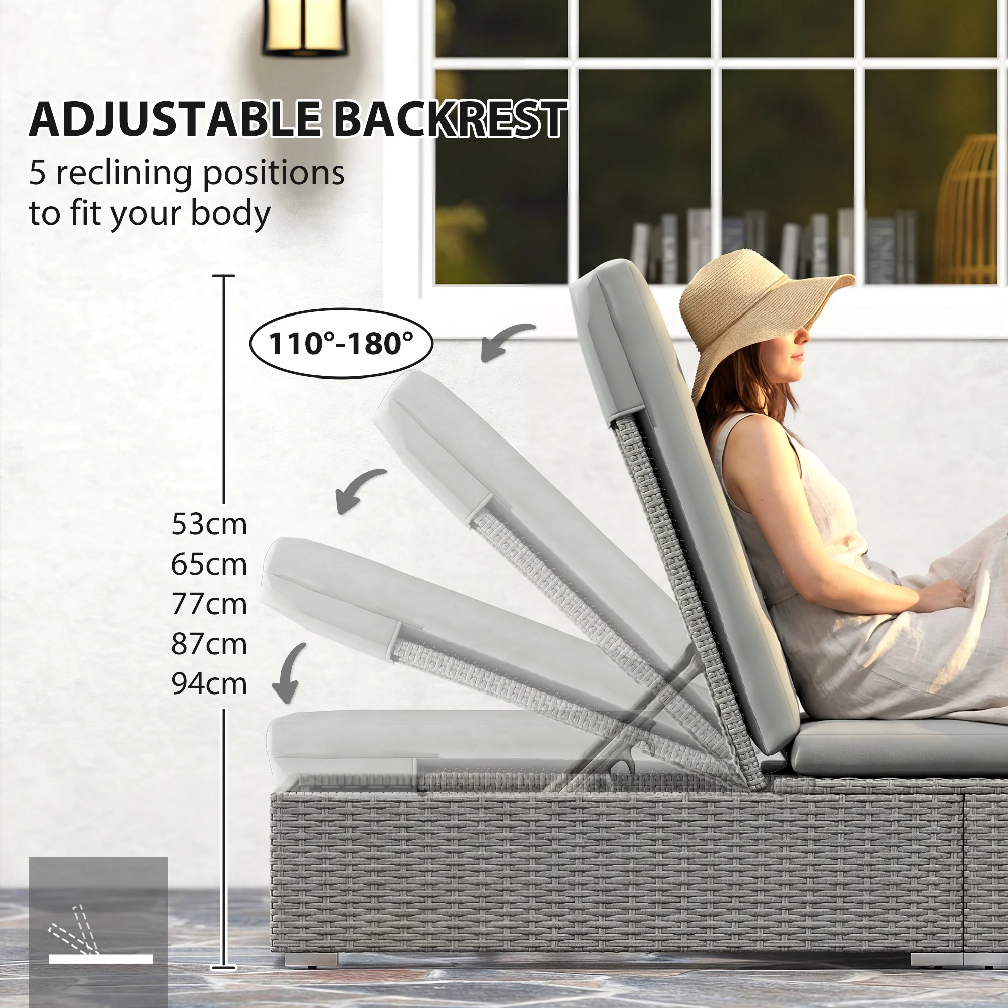 Outsunny Patio Rattan Chaise Lounge Garden Pool Wicker Sun Lounger Adjustable - Image 6