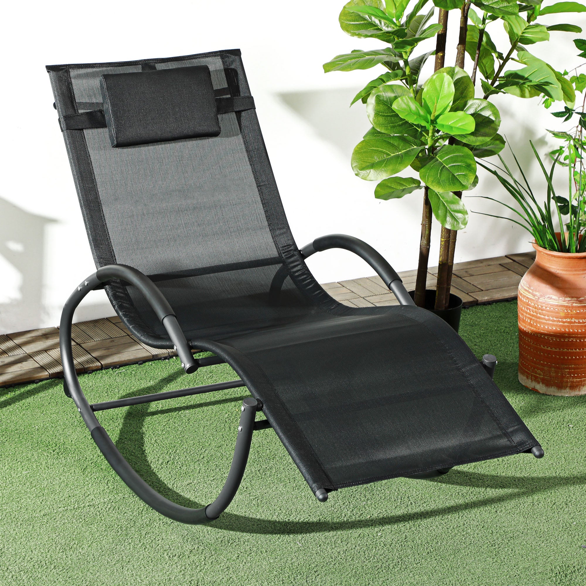 Outsunny Patio Rocking Lounge Chair Zero Gravity Chaise w/ Padded Pillow Black - Image 2