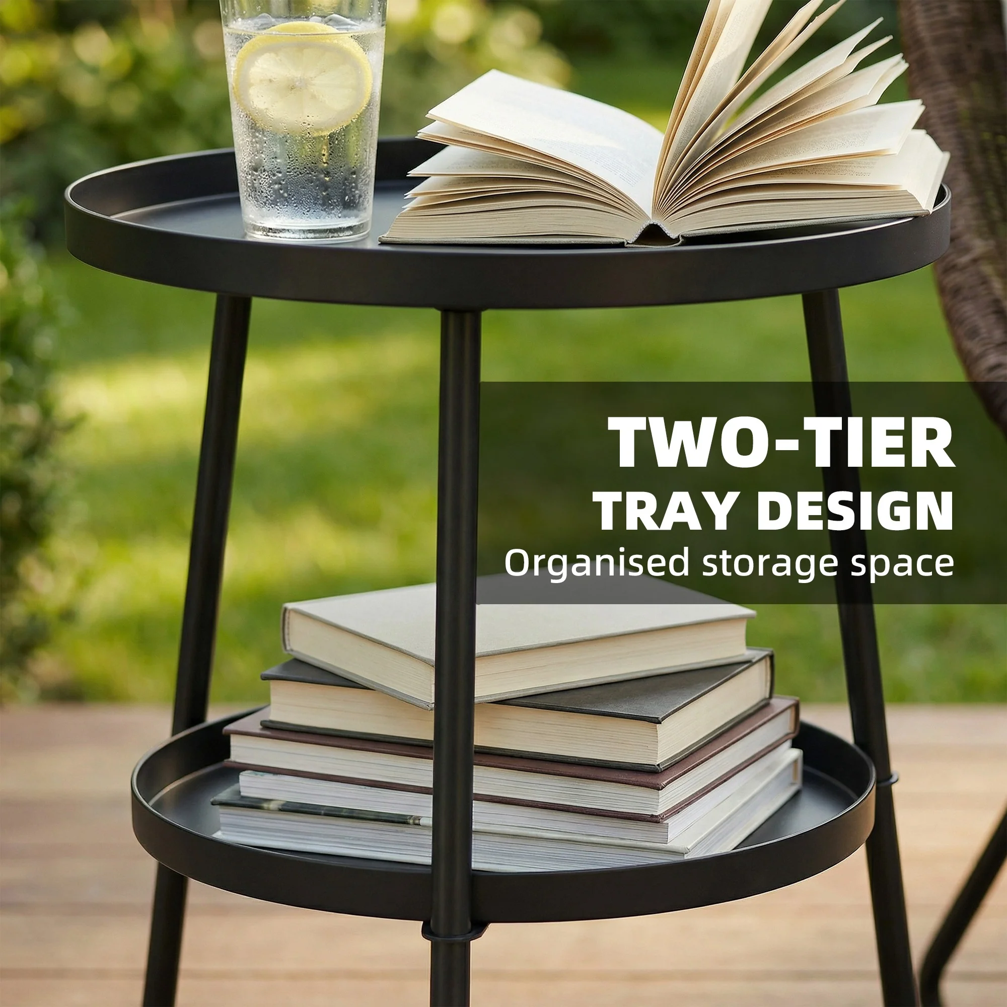 Outsunny Patio Side Table, 2-Tier Round Coffee End Table, Black - Image 4