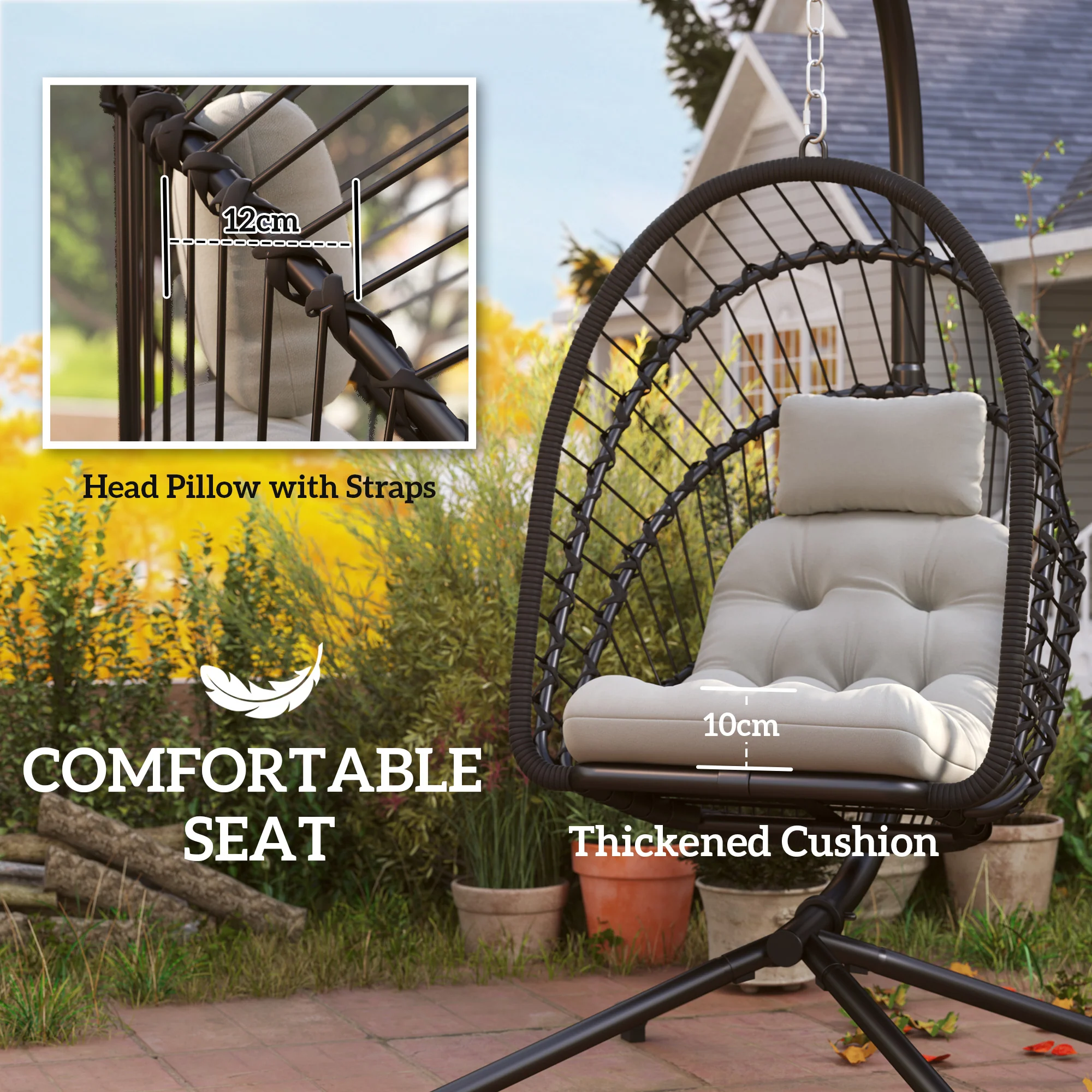 Outsunny PE Hanging Swing Chair W/ Thick Cushion, Patio Hanging Chair, Black - Image 3