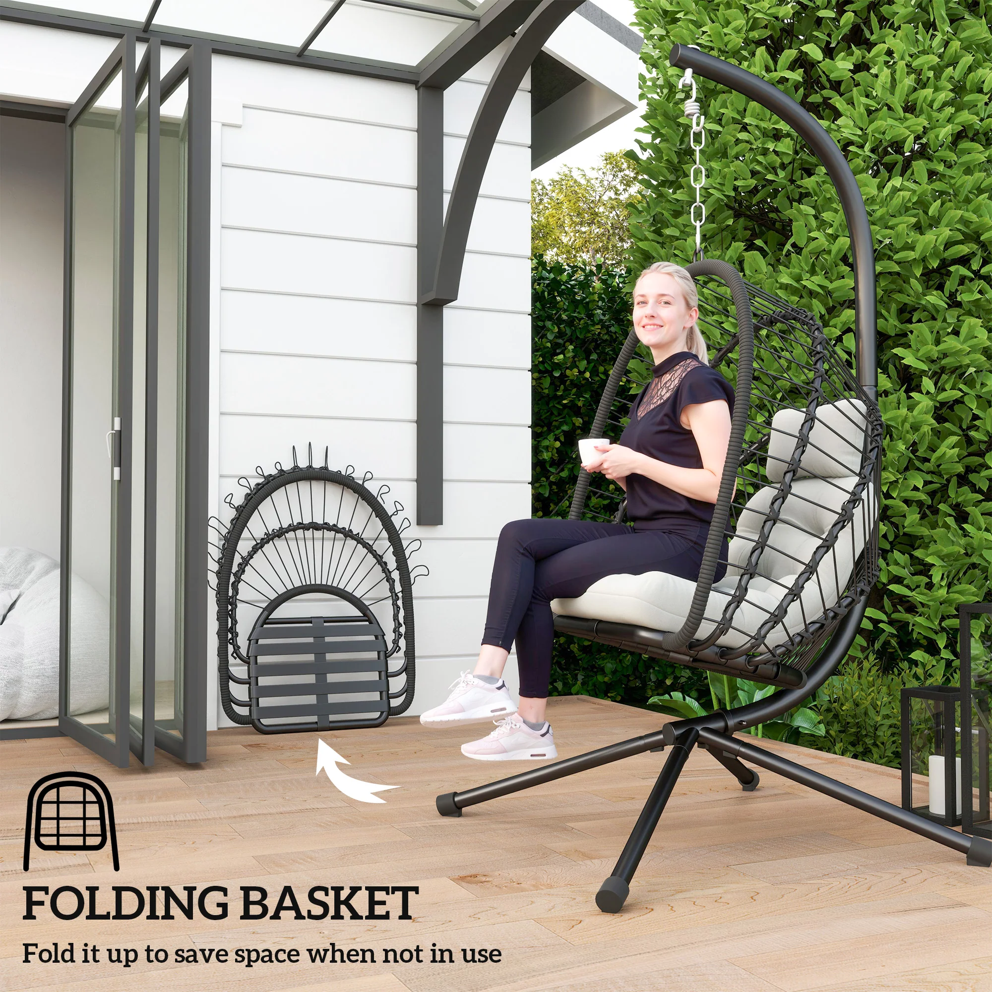 Outsunny PE Hanging Swing Chair W/ Thick Cushion, Patio Hanging Chair, Black - Image 4
