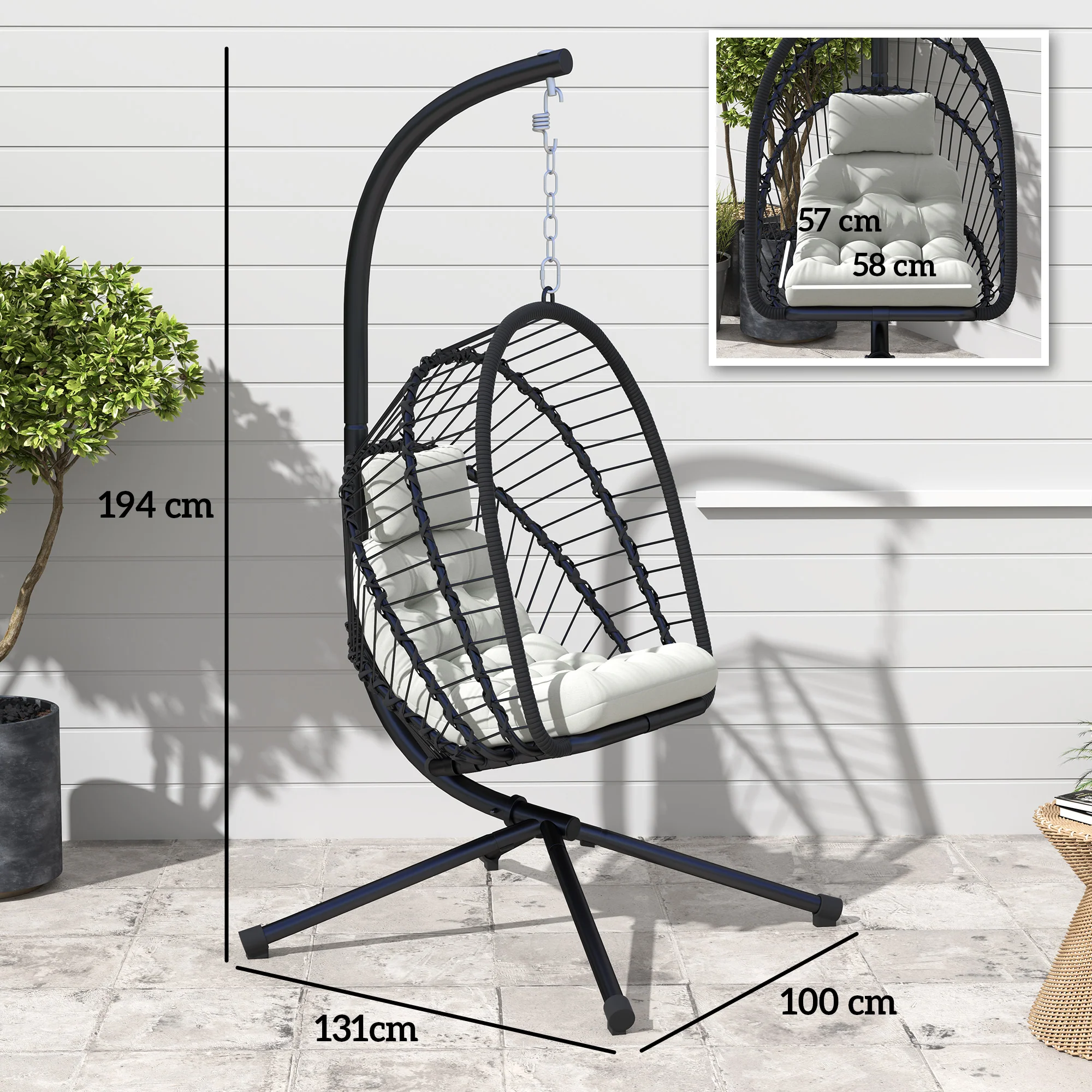 Outsunny PE Hanging Swing Chair W/ Thick Cushion, Patio Hanging Chair, Black - Image 5