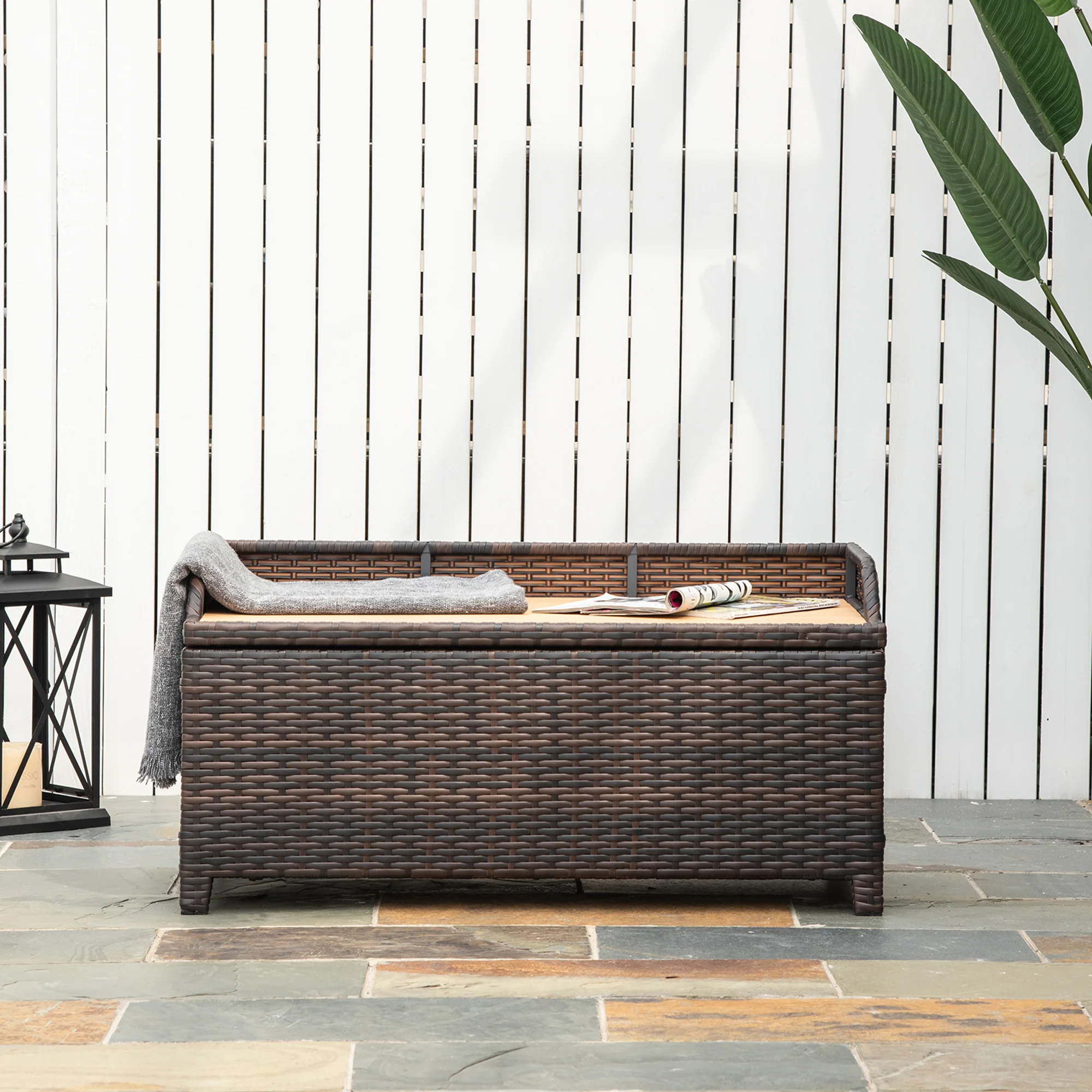 Outsunny PE Rattan Bench Patio Wicker Storage Basket Seat Furniture, 102Lx51Wx51H cm-Mixed Brown - Image 6