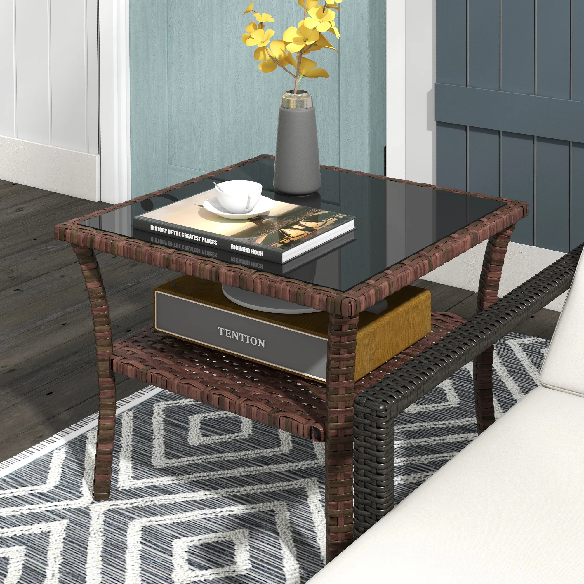 Outsunny PE Rattan Coffee Table, Two-tier Side Table with Glass Top, Brown - Image 2