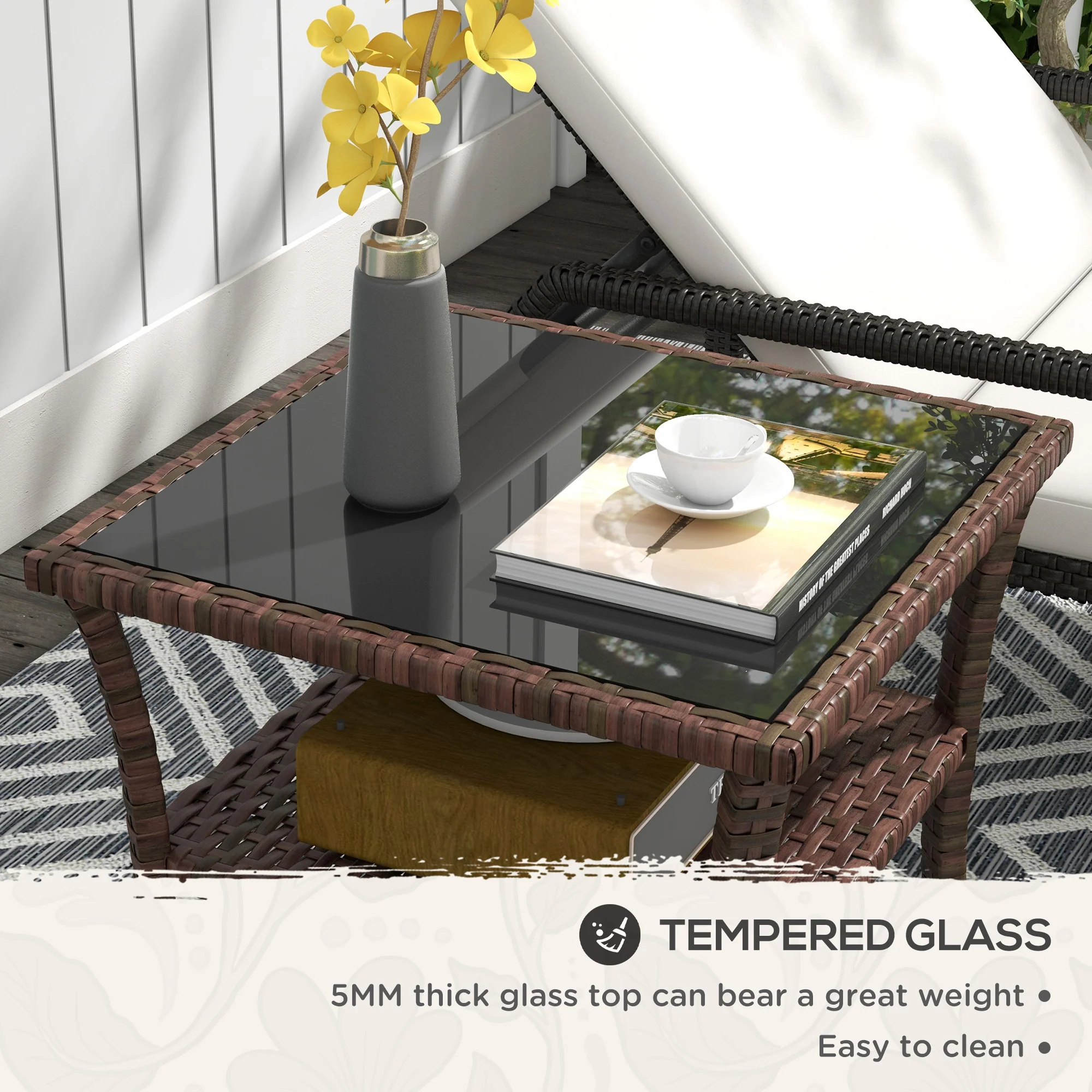 Outsunny PE Rattan Coffee Table, Two-tier Side Table with Glass Top, Brown - Image 6