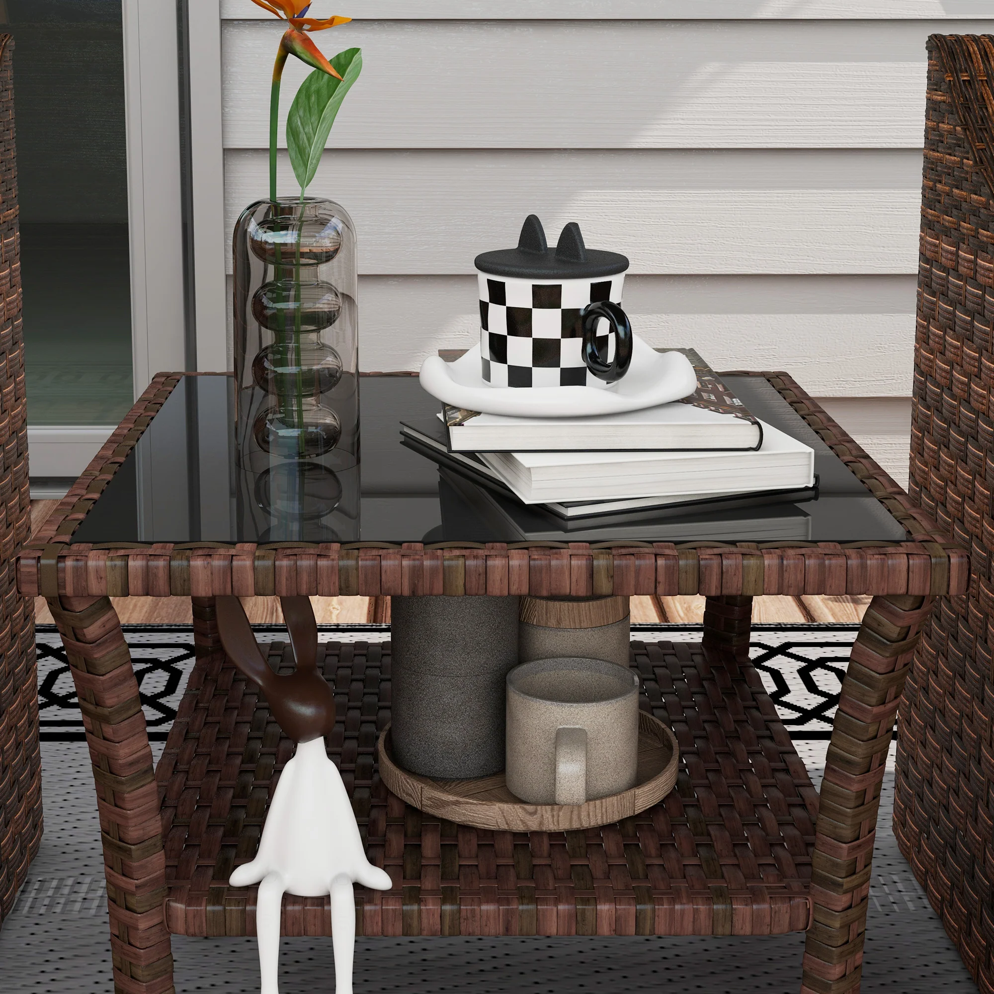 Outsunny PE Rattan Coffee Table, Two-tier Side Table with Glass Top, Brown - Image 8