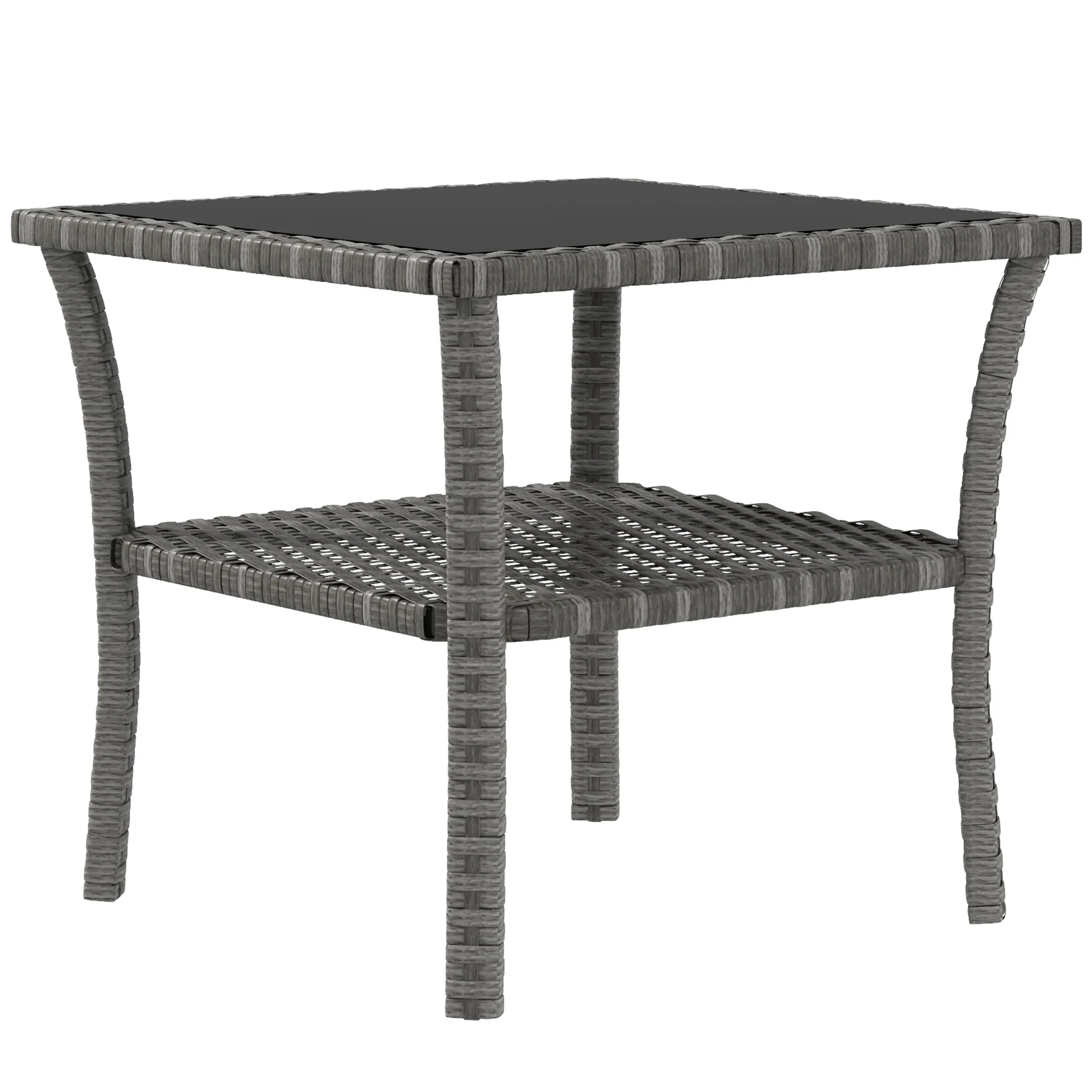 Outsunny PE Rattan Coffee Table, Two-tier Side Table with Glass Top, Grey