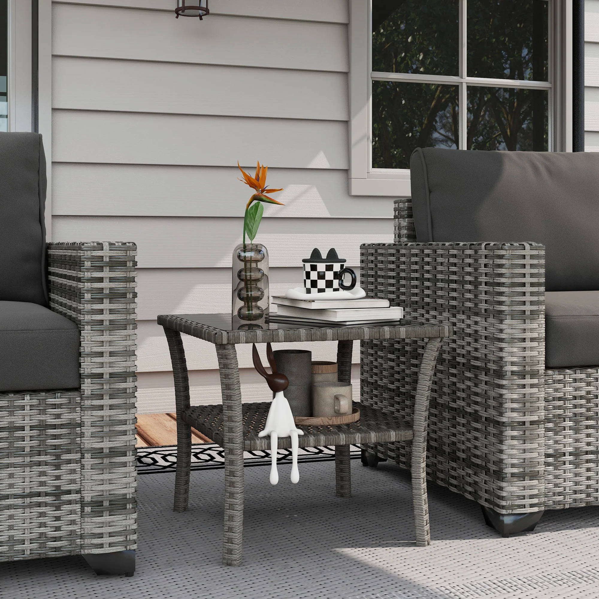 Outsunny PE Rattan Coffee Table, Two-tier Side Table with Glass Top, Grey - Image 2