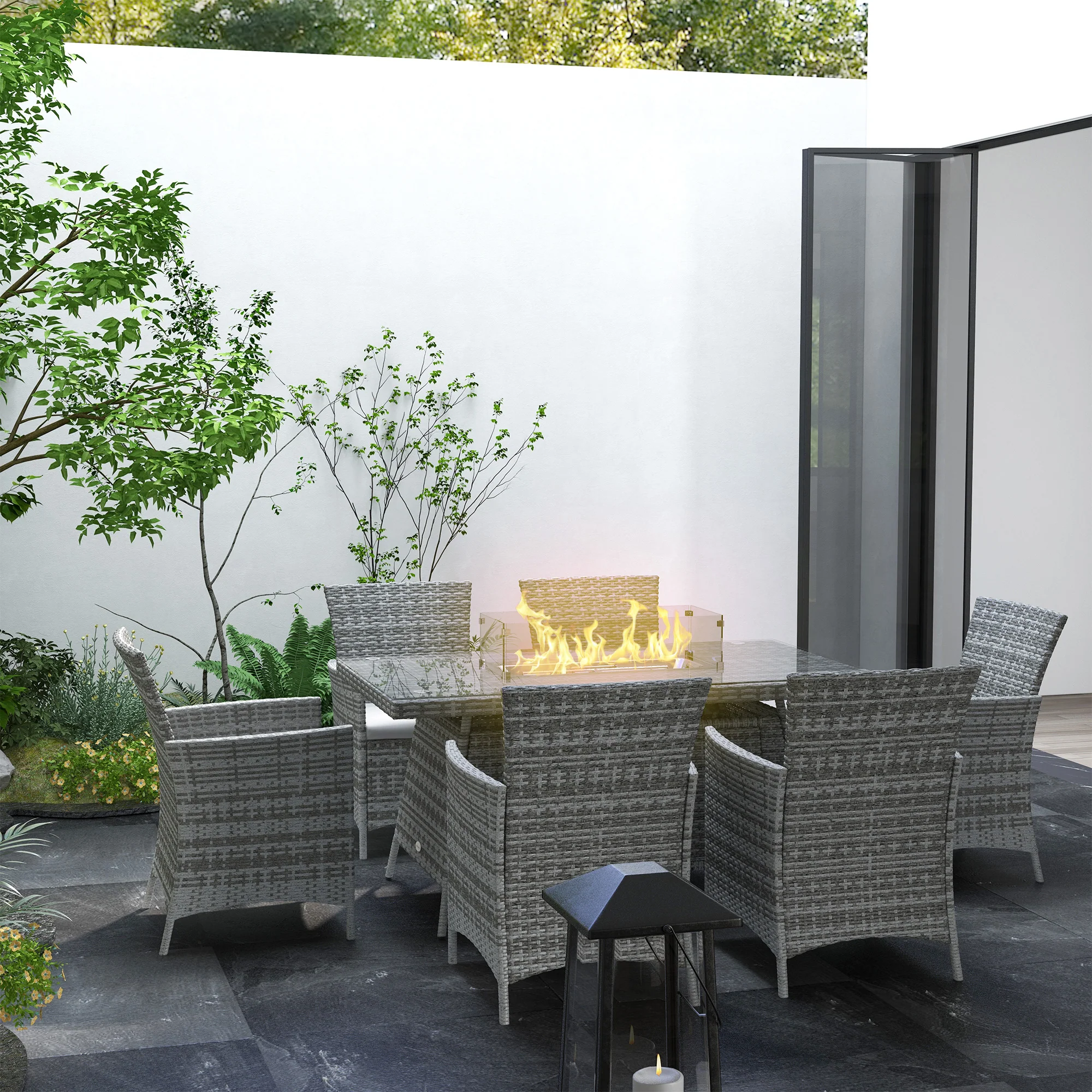 Outsunny PE Rattan Dining Set with Fire Pit Table and Cushioned Armchairs, Grey - Image 2