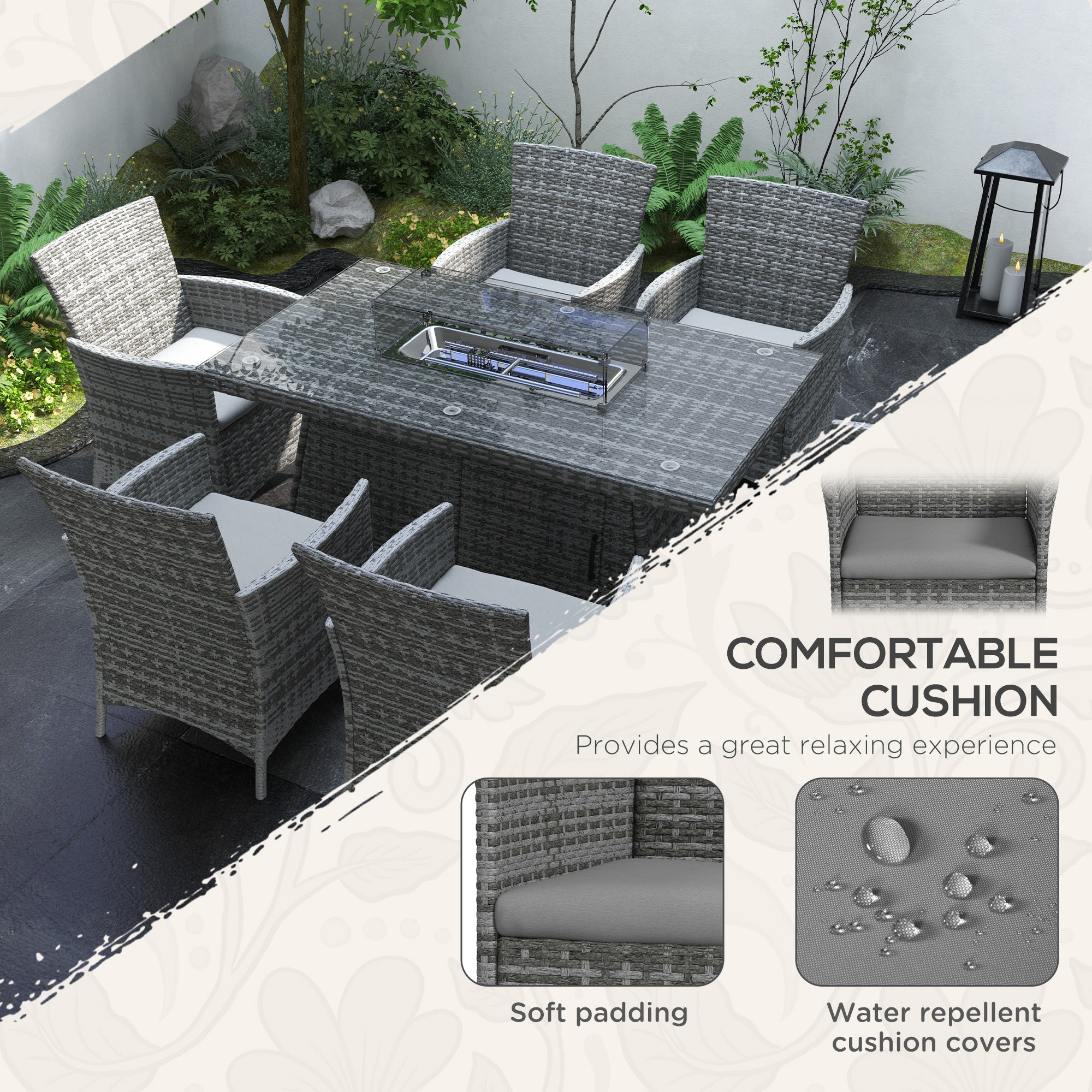 Outsunny PE Rattan Dining Set with Fire Pit Table and Cushioned Armchairs, Grey - Image 4