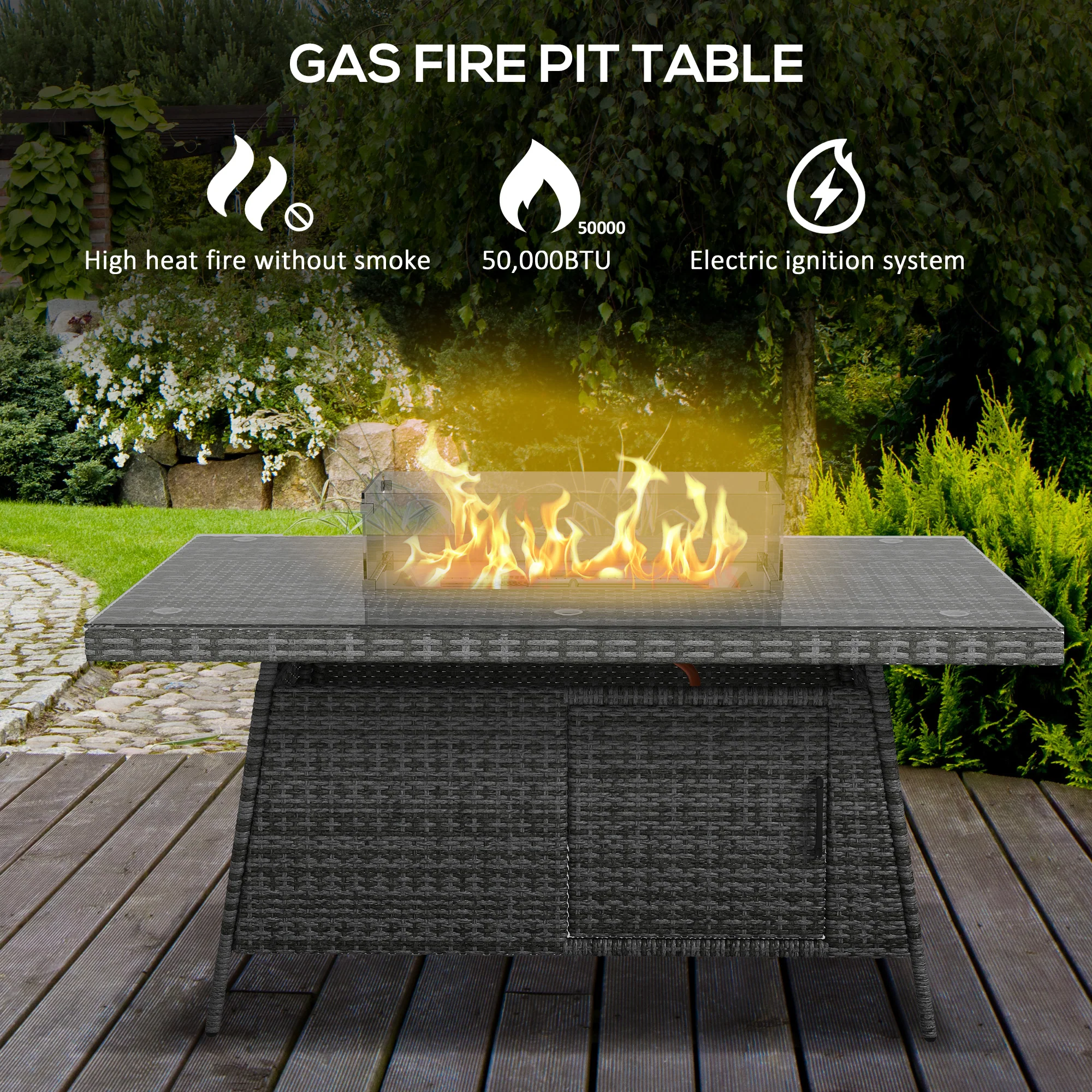 Outsunny PE Rattan Dining Set with Fire Pit Table and Cushioned Armchairs, Grey - Image 6
