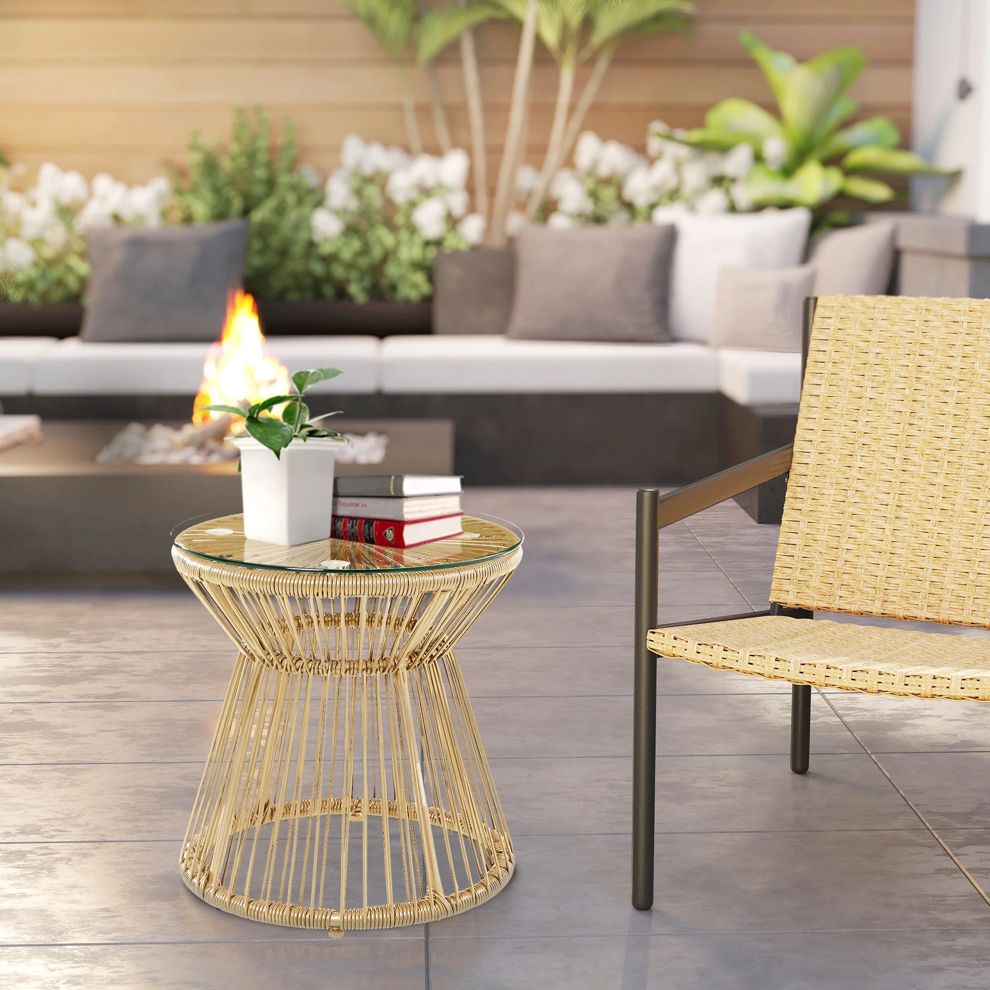 Outsunny PE Rattan End Table, Round Hollow Drum Design Side Table, Natural - Image 2