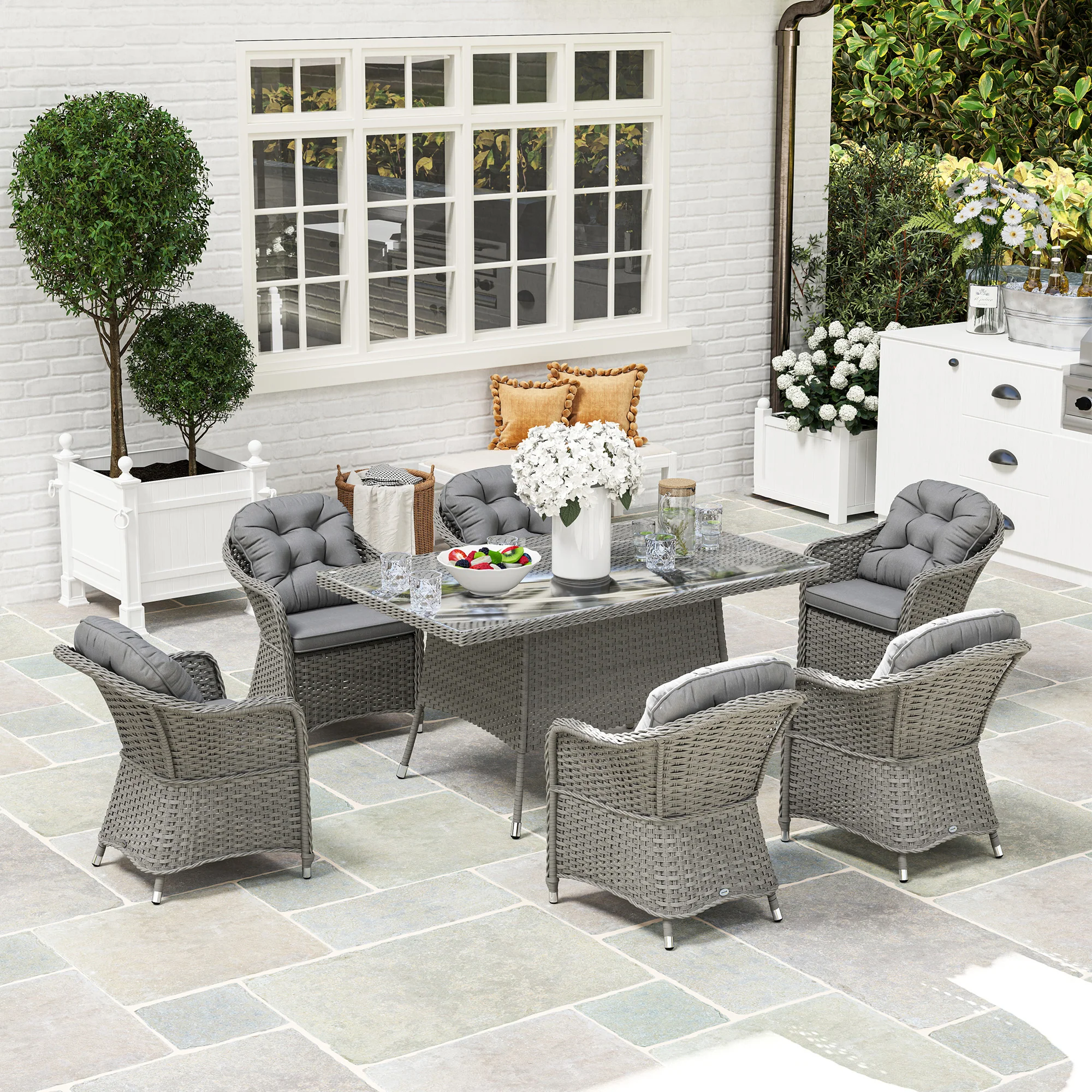 Outsunny PE Rattan Garden Dining Set For 6 With Seat And Back Cushions - Image 2