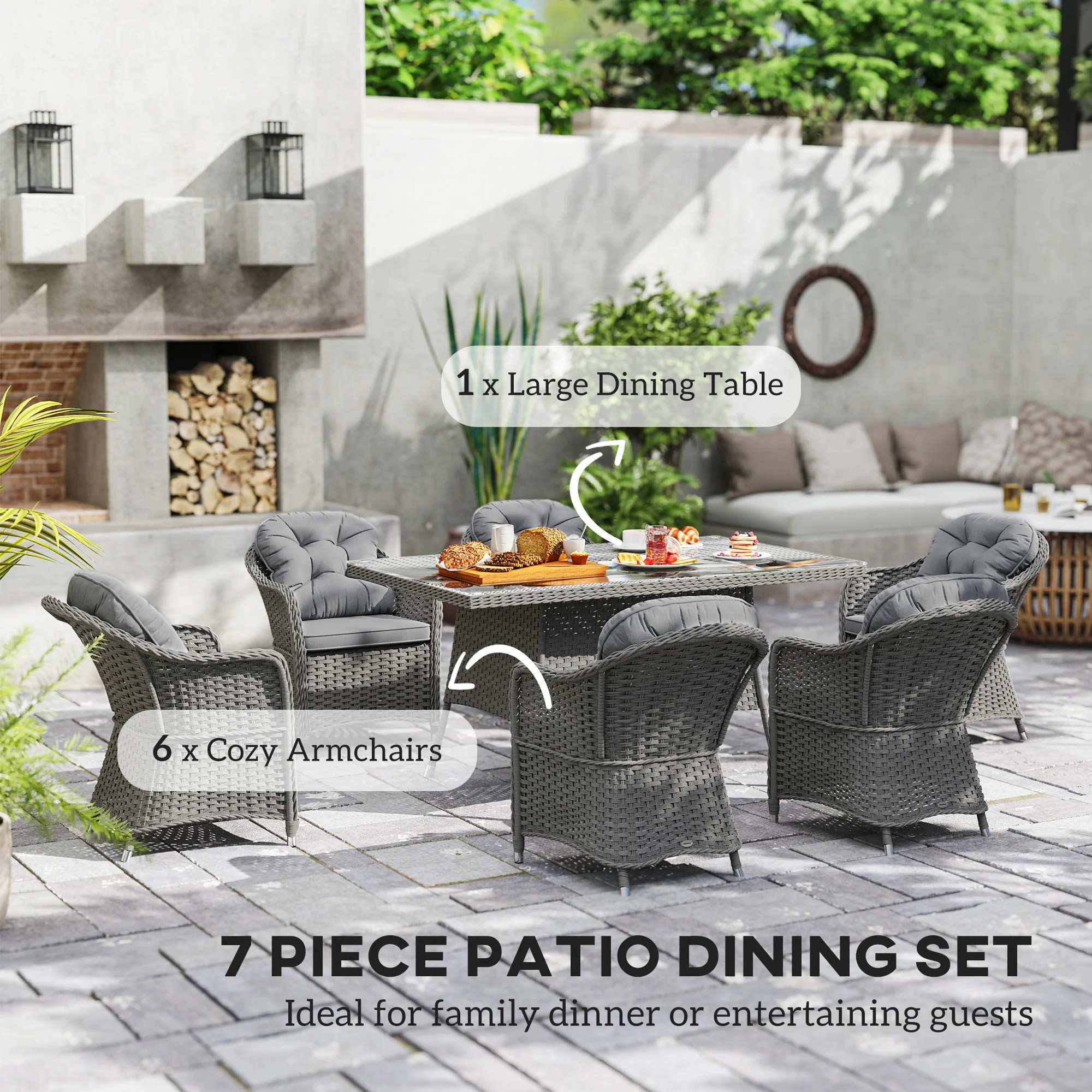 Outsunny PE Rattan Garden Dining Set For 6 With Seat And Back Cushions - Image 3