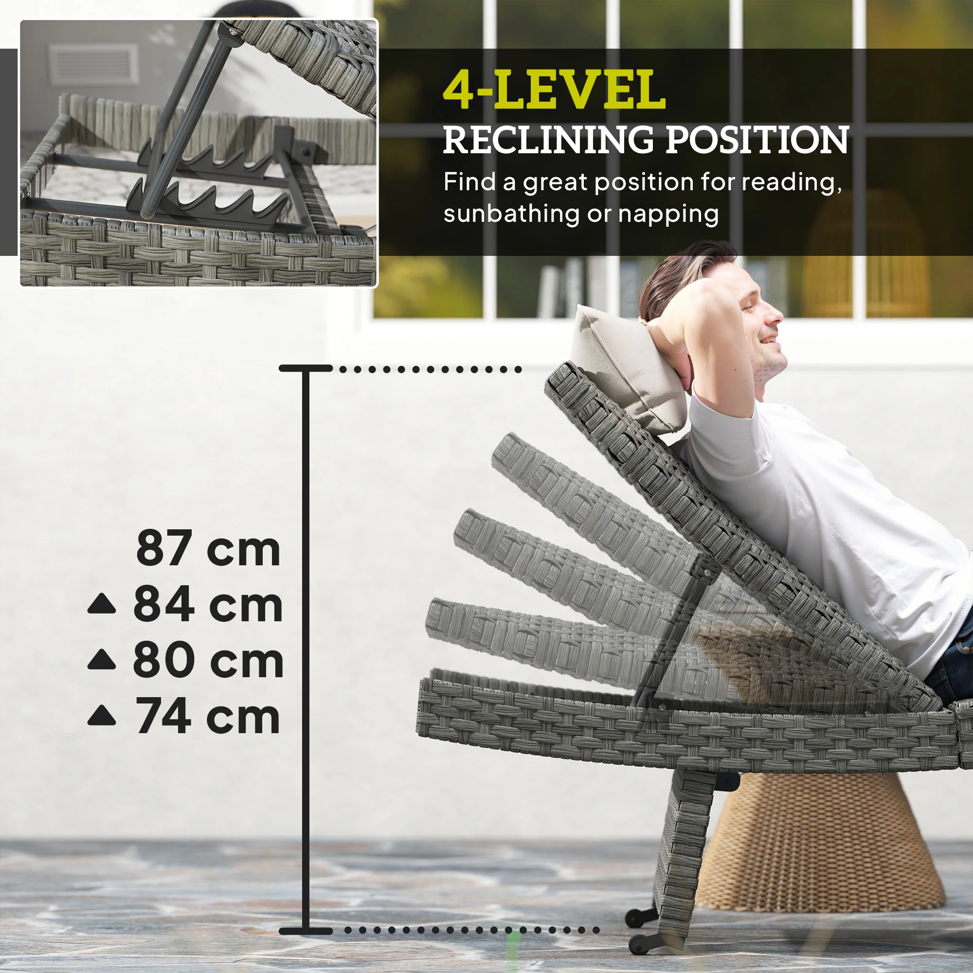 Outsunny PE Rattan Sun Lounger with 4-Level Adjustable Backrest - Image 13