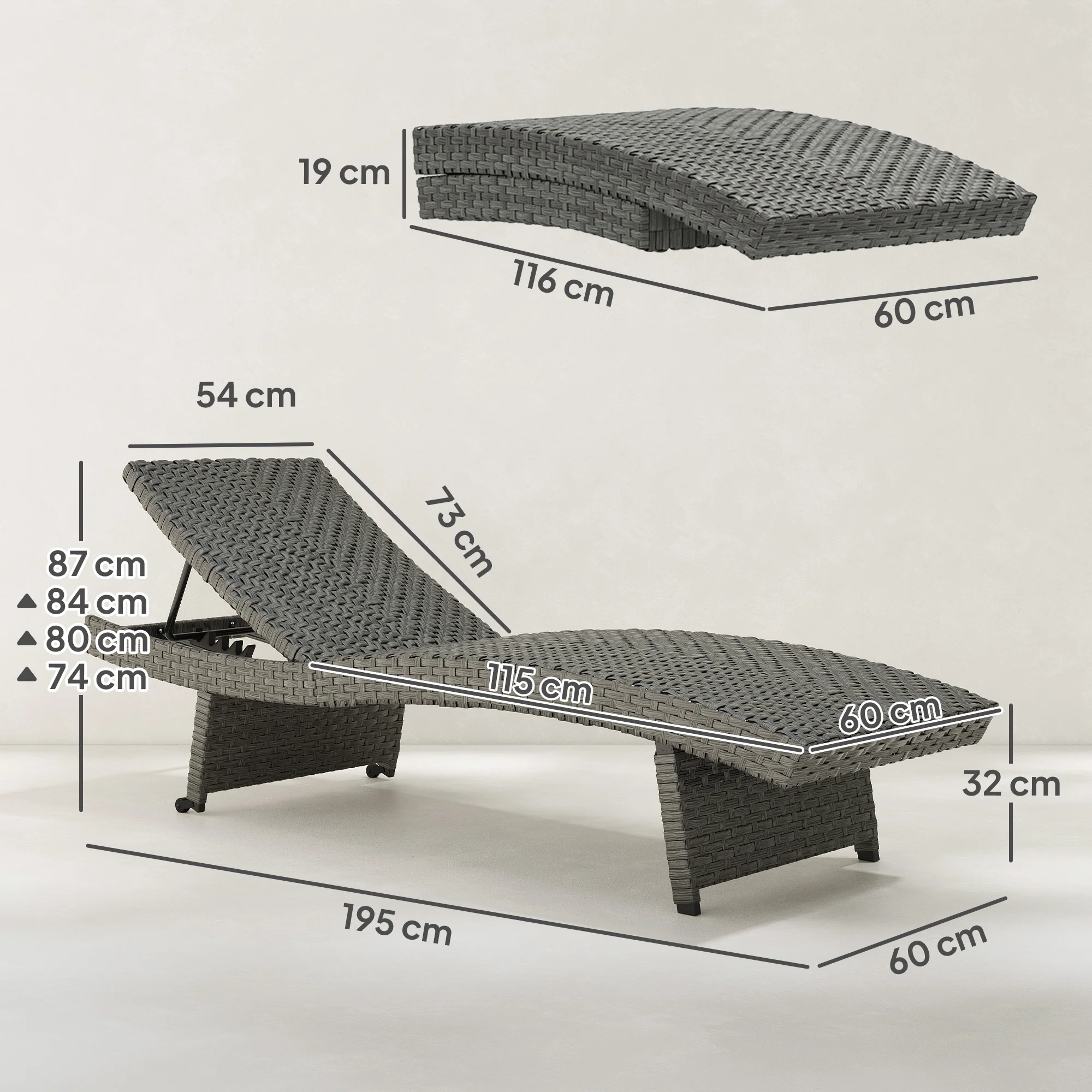 Outsunny PE Rattan Sun Lounger with 4-Level Adjustable Backrest - Image 14