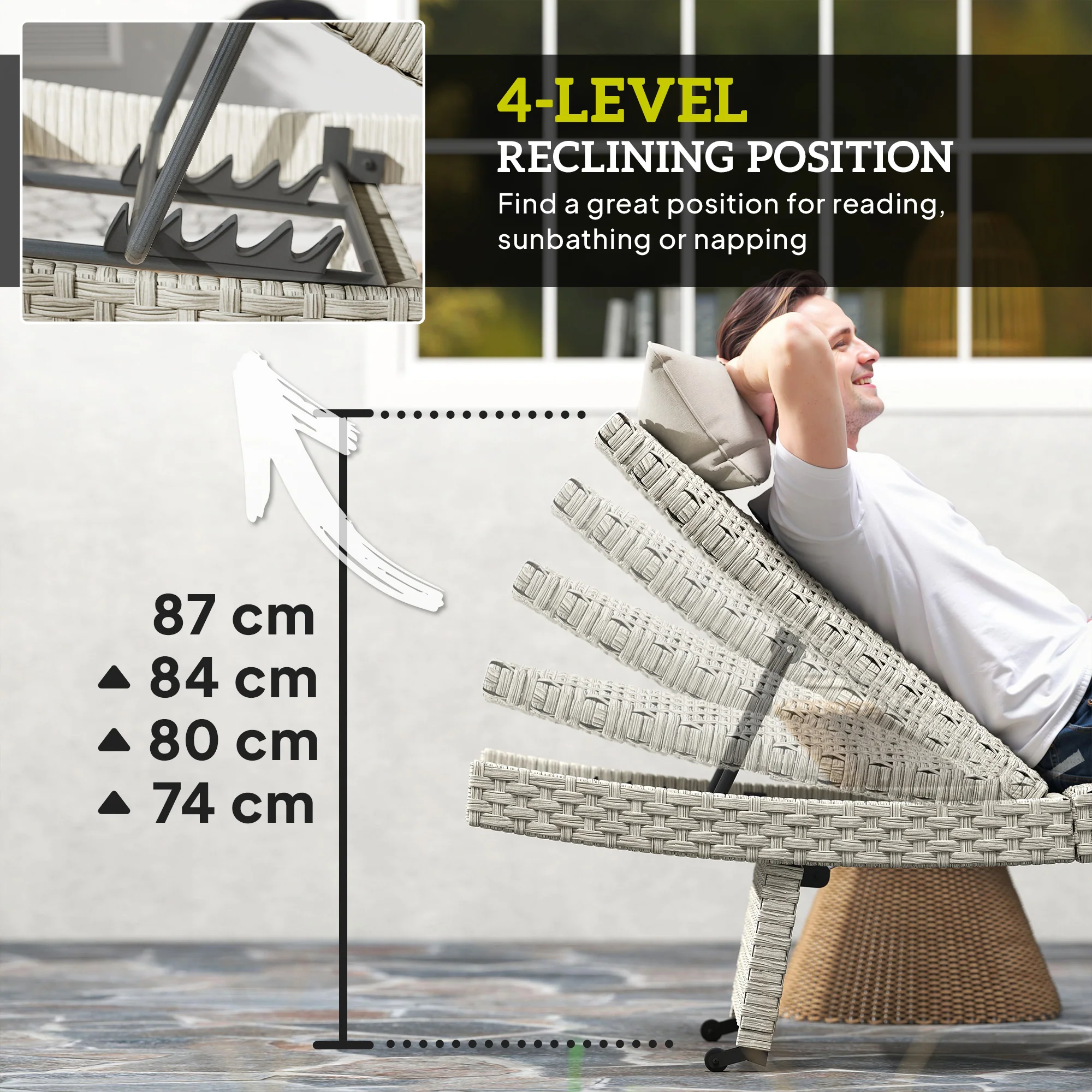 Outsunny PE Rattan Sun Lounger with 4-Level Adjustable Backrest - Image 22