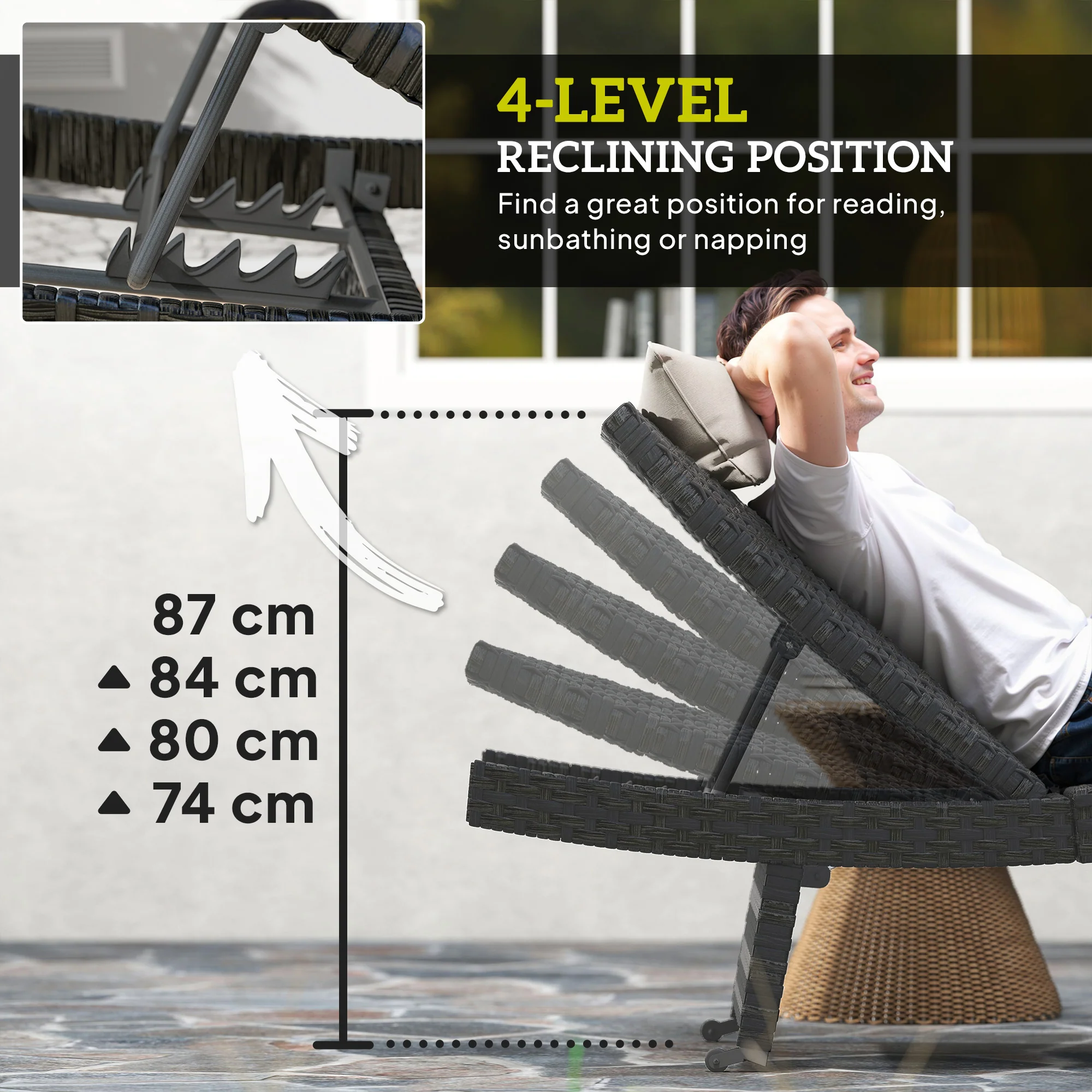 Outsunny PE Rattan Sun Lounger with 4-Level Adjustable Backrest - Image 4
