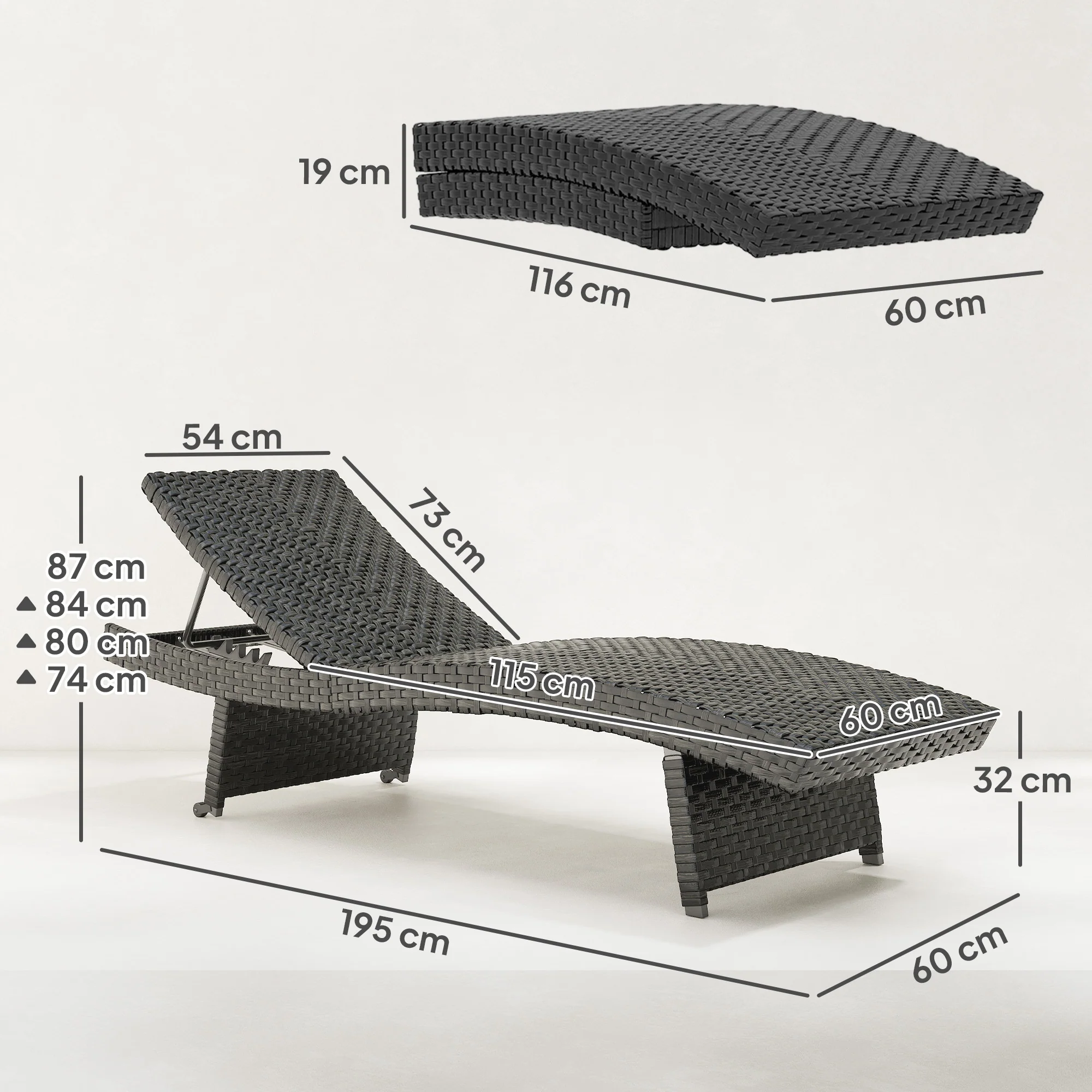Outsunny PE Rattan Sun Lounger with 4-Level Adjustable Backrest - Image 5