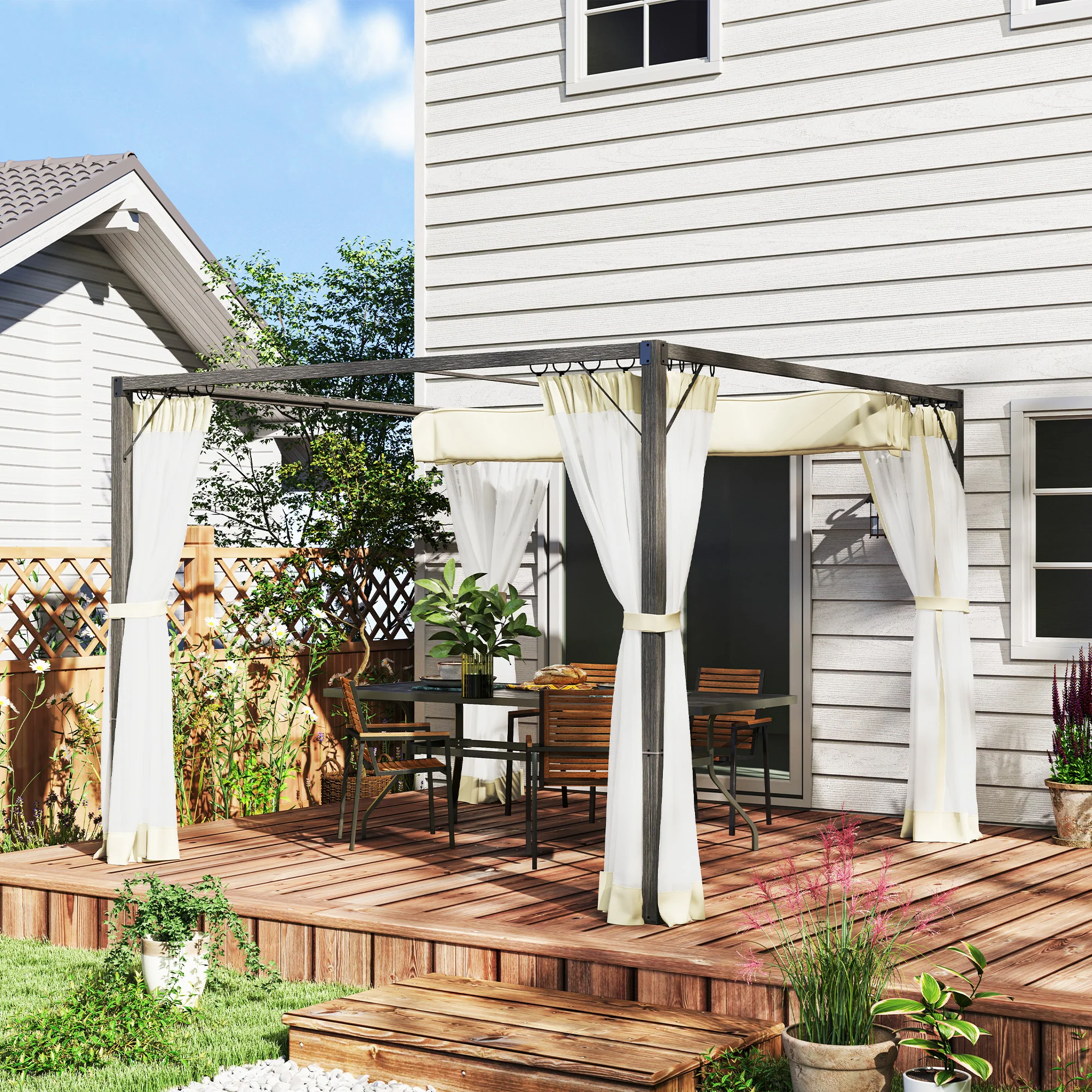 Outsunny Pergola with Retractable Roof and Netting - Khaki - Image 10