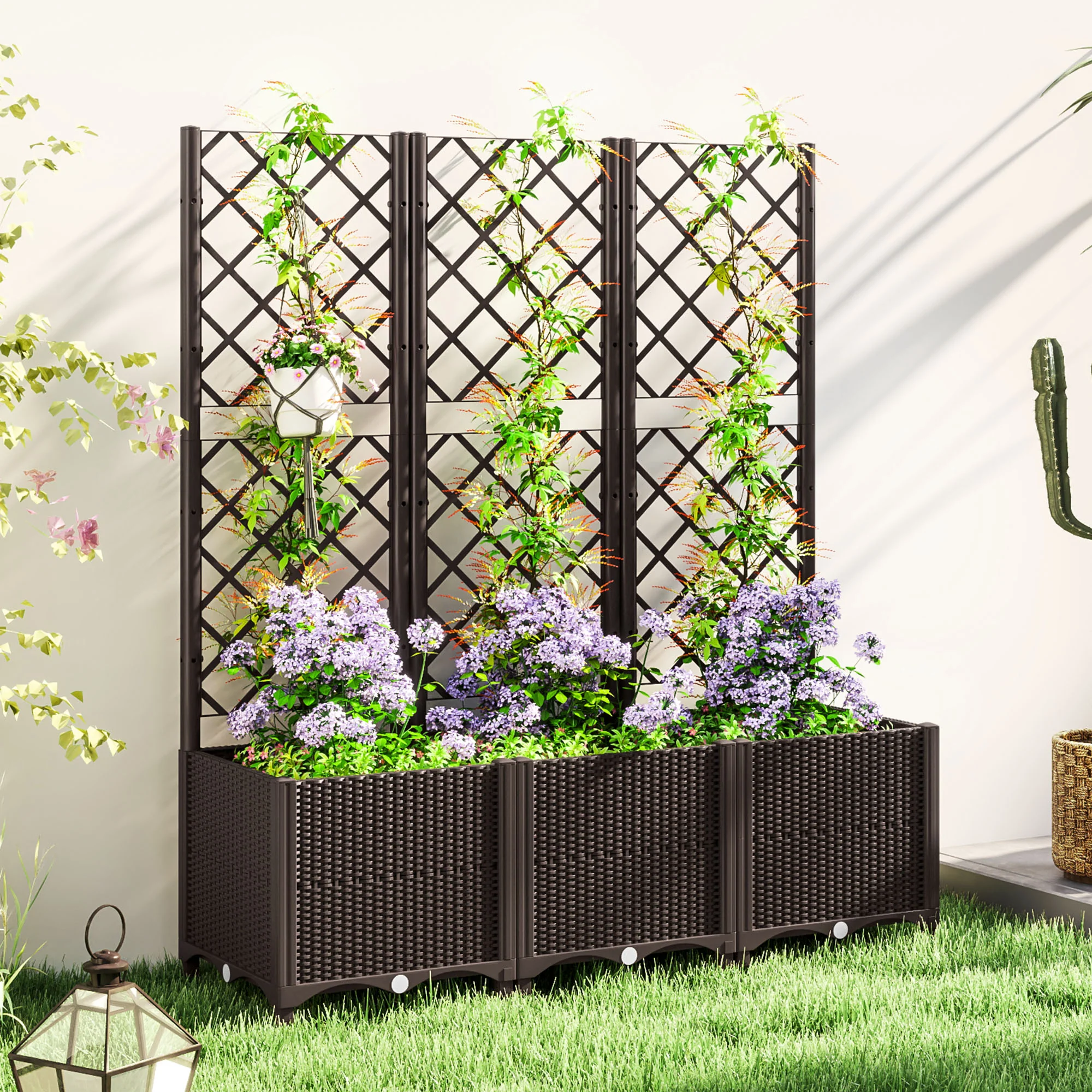 Outsunny Plastic Planter Box with Trellis, Vegetable Planter w/ Drain Plugs - Image 2