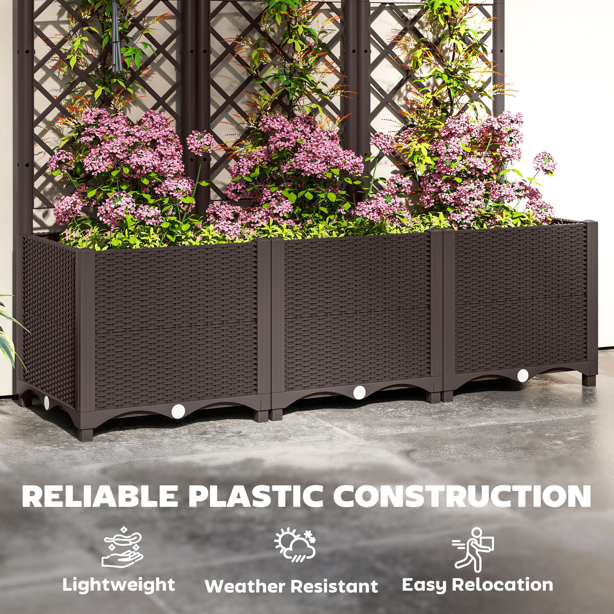 Outsunny Plastic Planter Box with Trellis, Vegetable Planter w/ Drain Plugs - Image 4