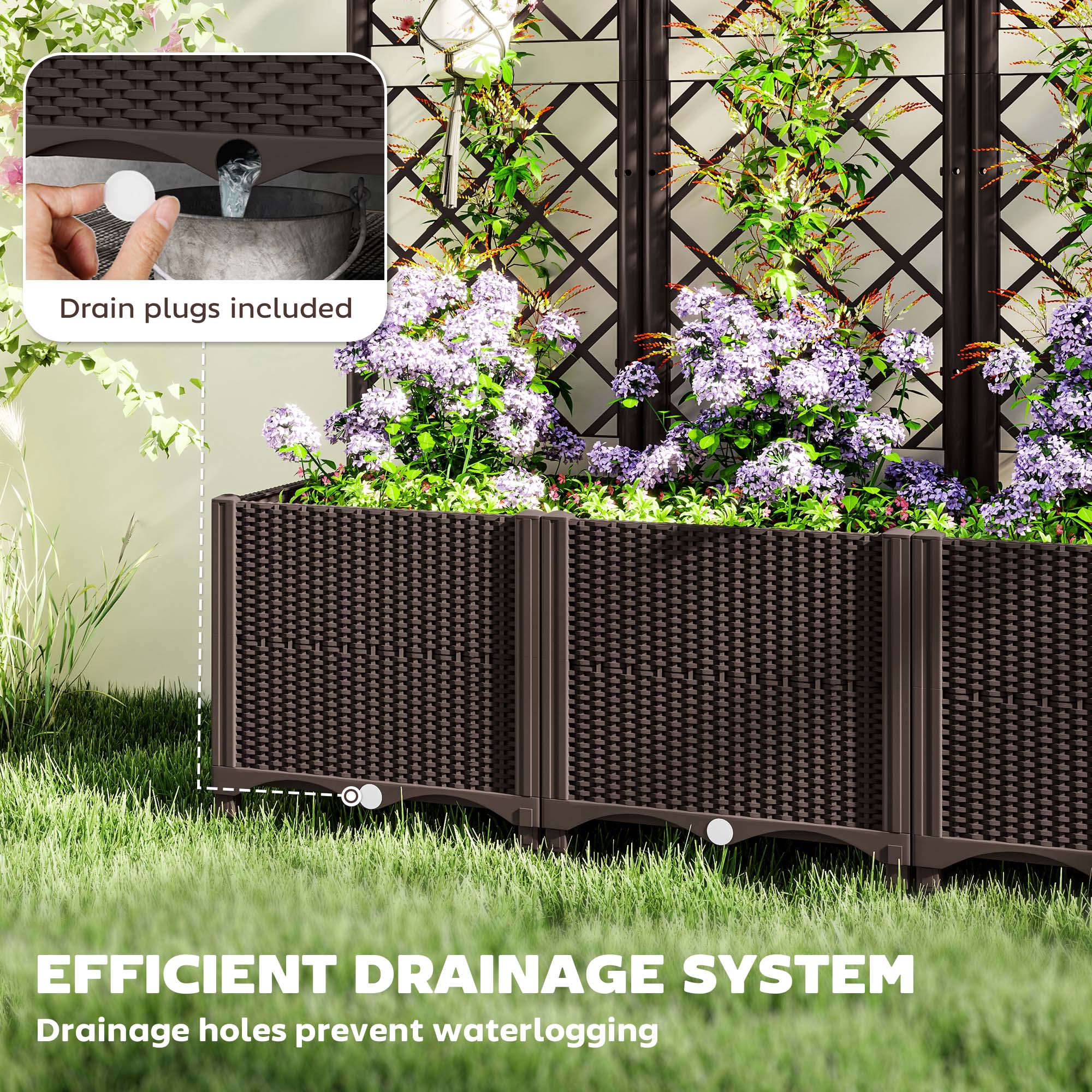 Outsunny Plastic Planter Box with Trellis, Vegetable Planter w/ Drain Plugs - Image 6