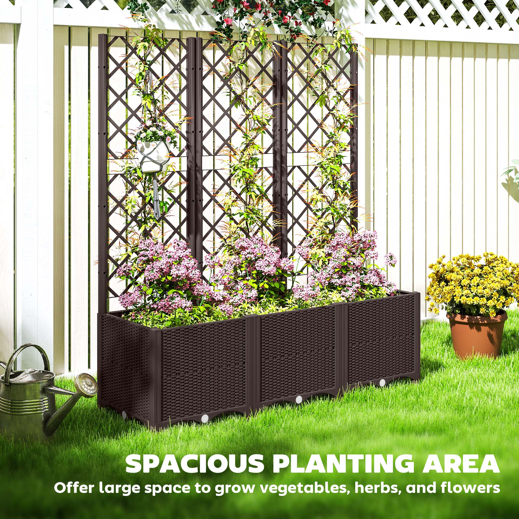 Outsunny Plastic Planter Box with Trellis, Vegetable Planter w/ Drain Plugs - Image 7