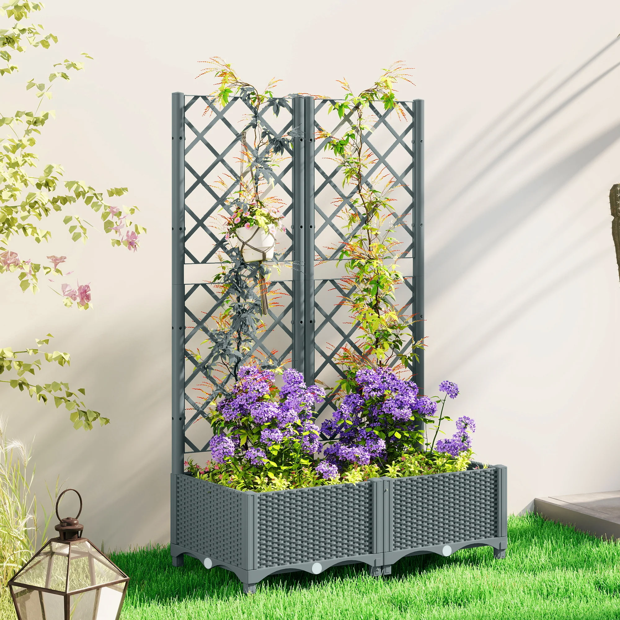 Outsunny Plastic Planter Box with Trellis, Vegetable Planter w/ Drain Plugs - Image 2