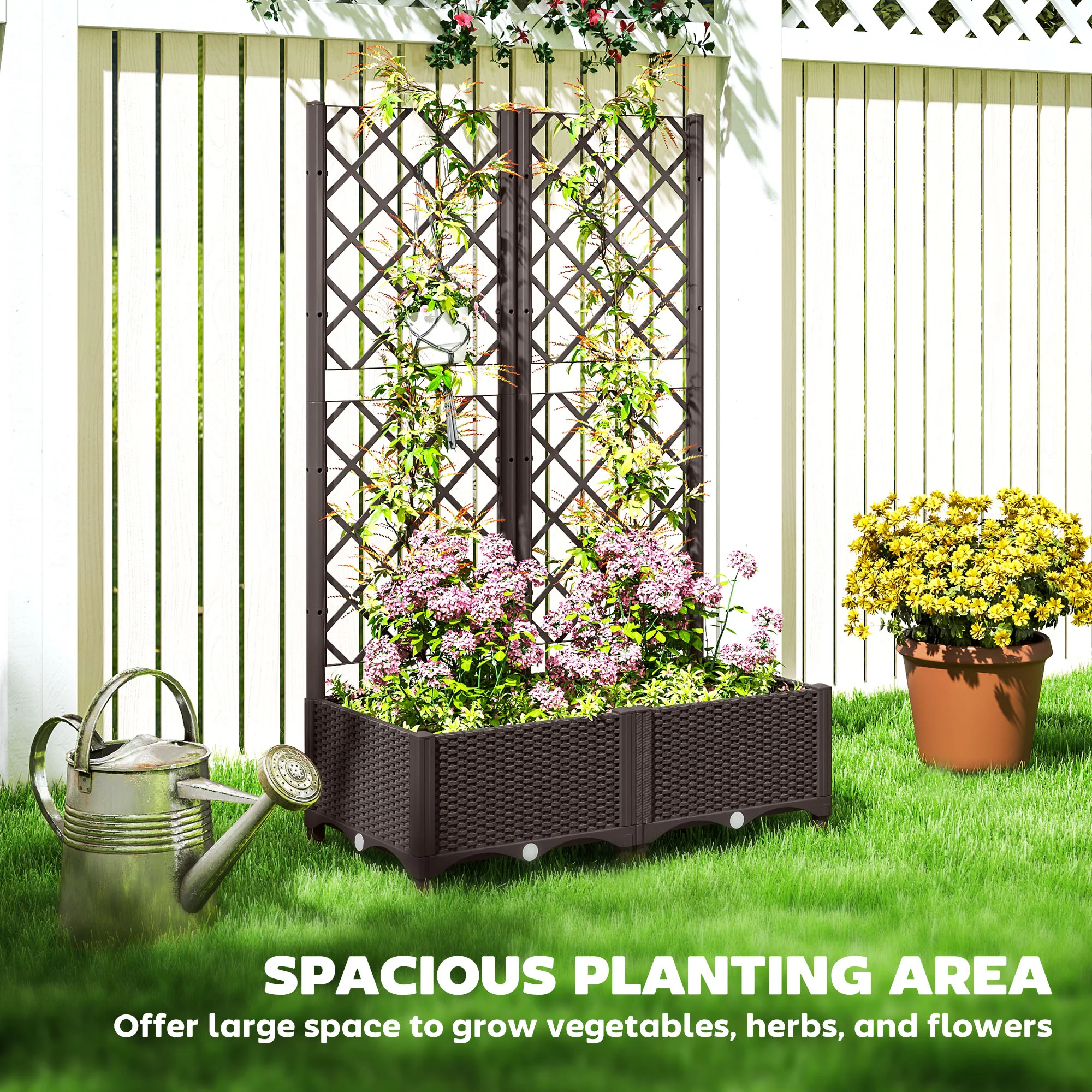 Outsunny Plastic Planter Box with Trellis, Vegetable Planter w/ Drain Plugs - Image 7