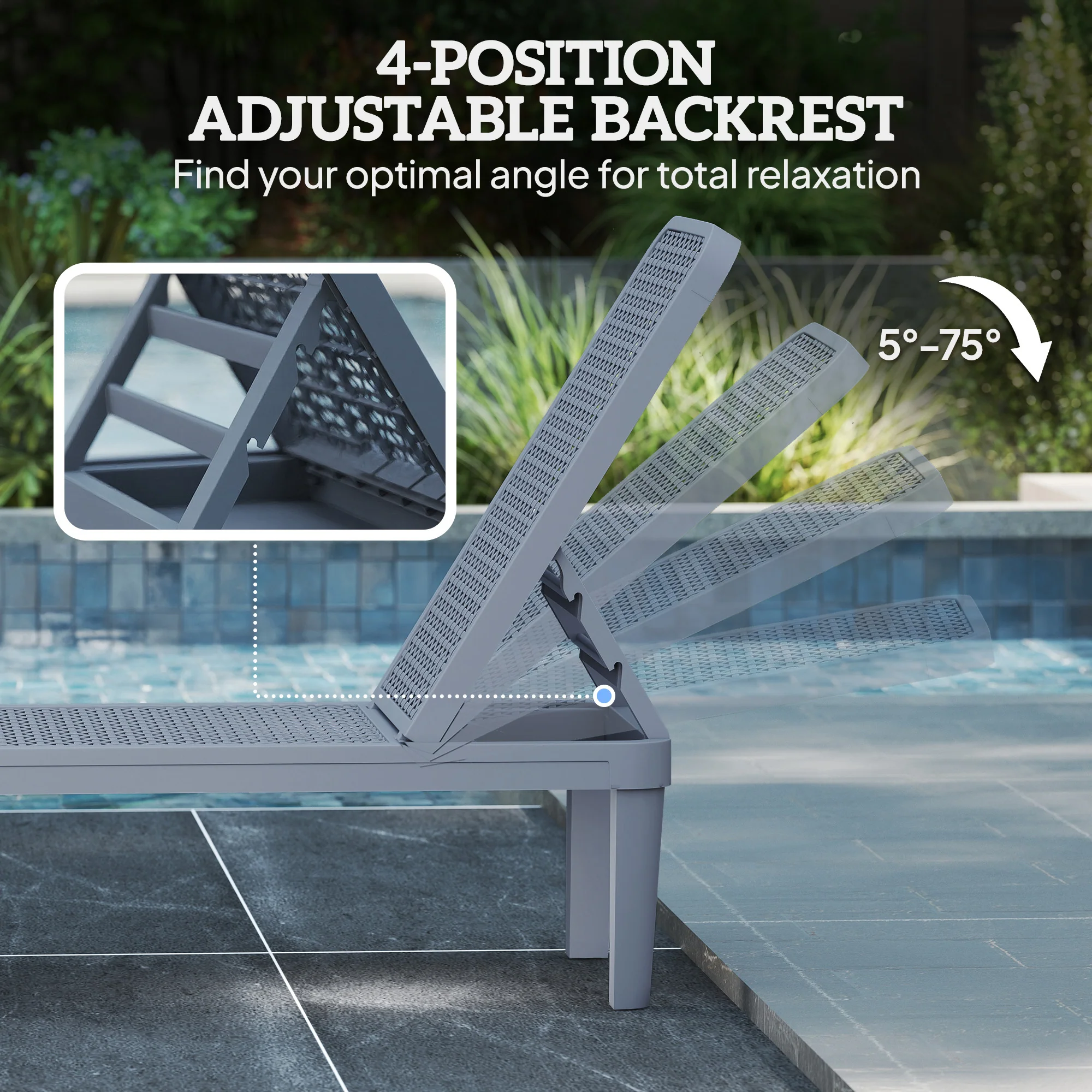 Outsunny Plastic Sun Lounger, 4-Position Garden Lounger Sun bed, Dark Grey - Image 4