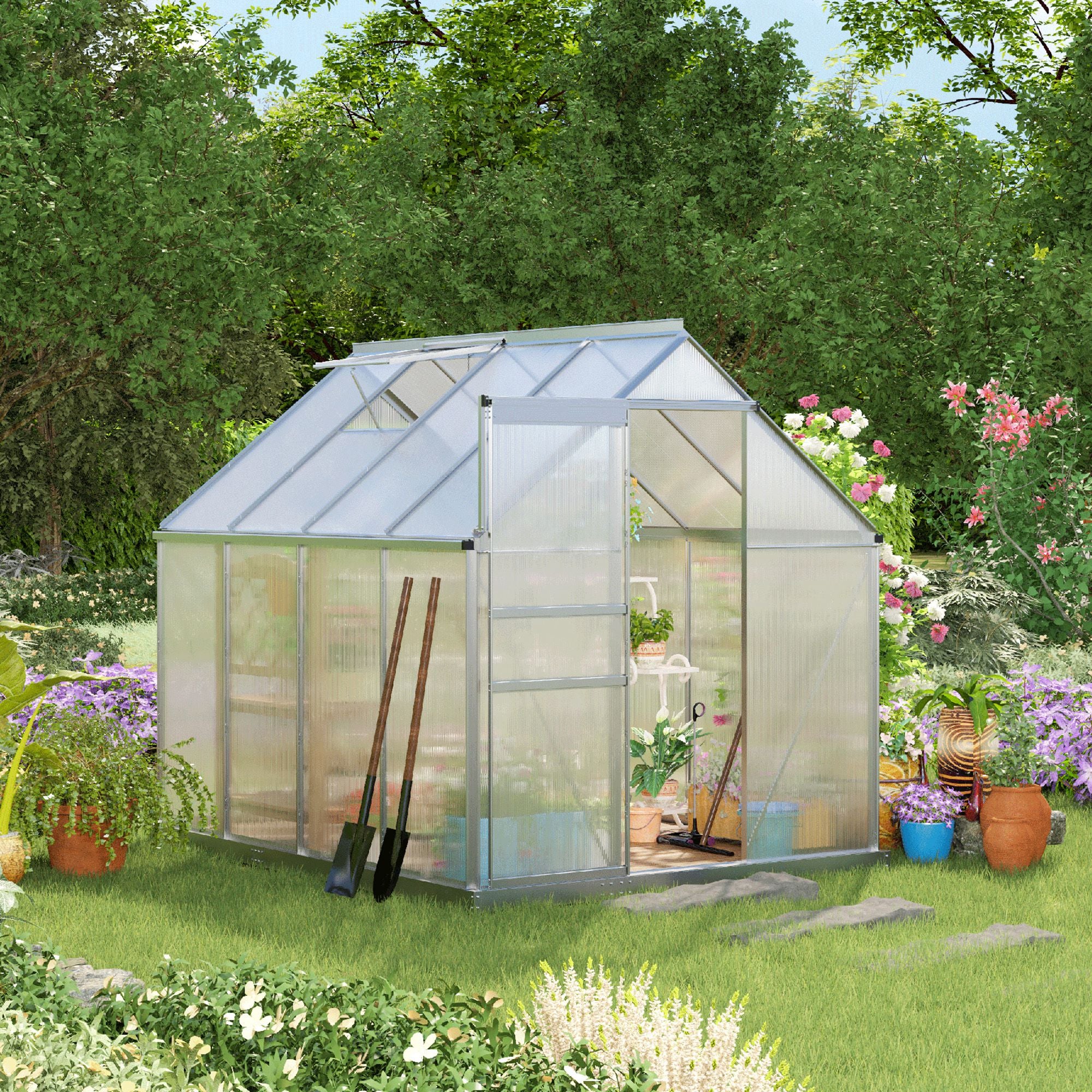 Outsunny Polycarbonate Walk-in Garden Greenhouse W/ Sliding Door - Image 2