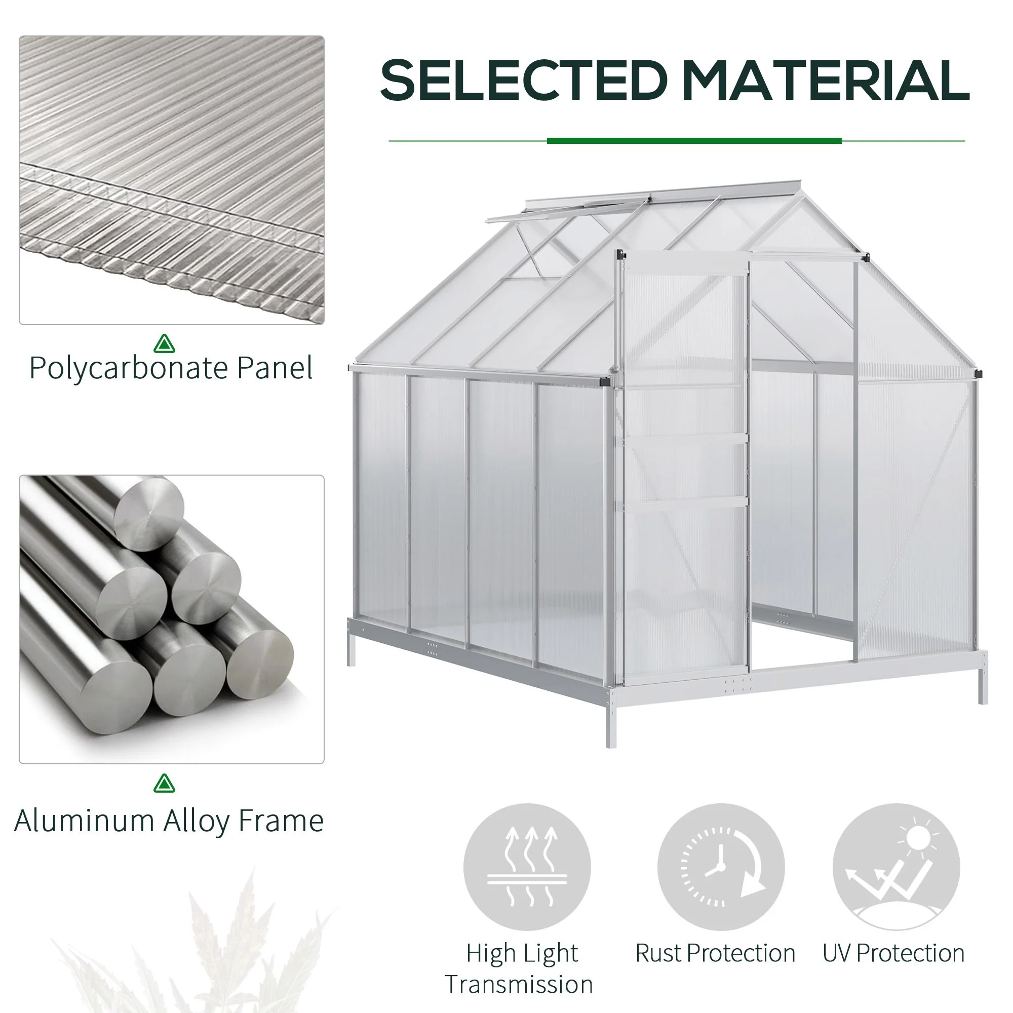 Outsunny Polycarbonate Walk-in Garden Greenhouse W/ Sliding Door - Image 3